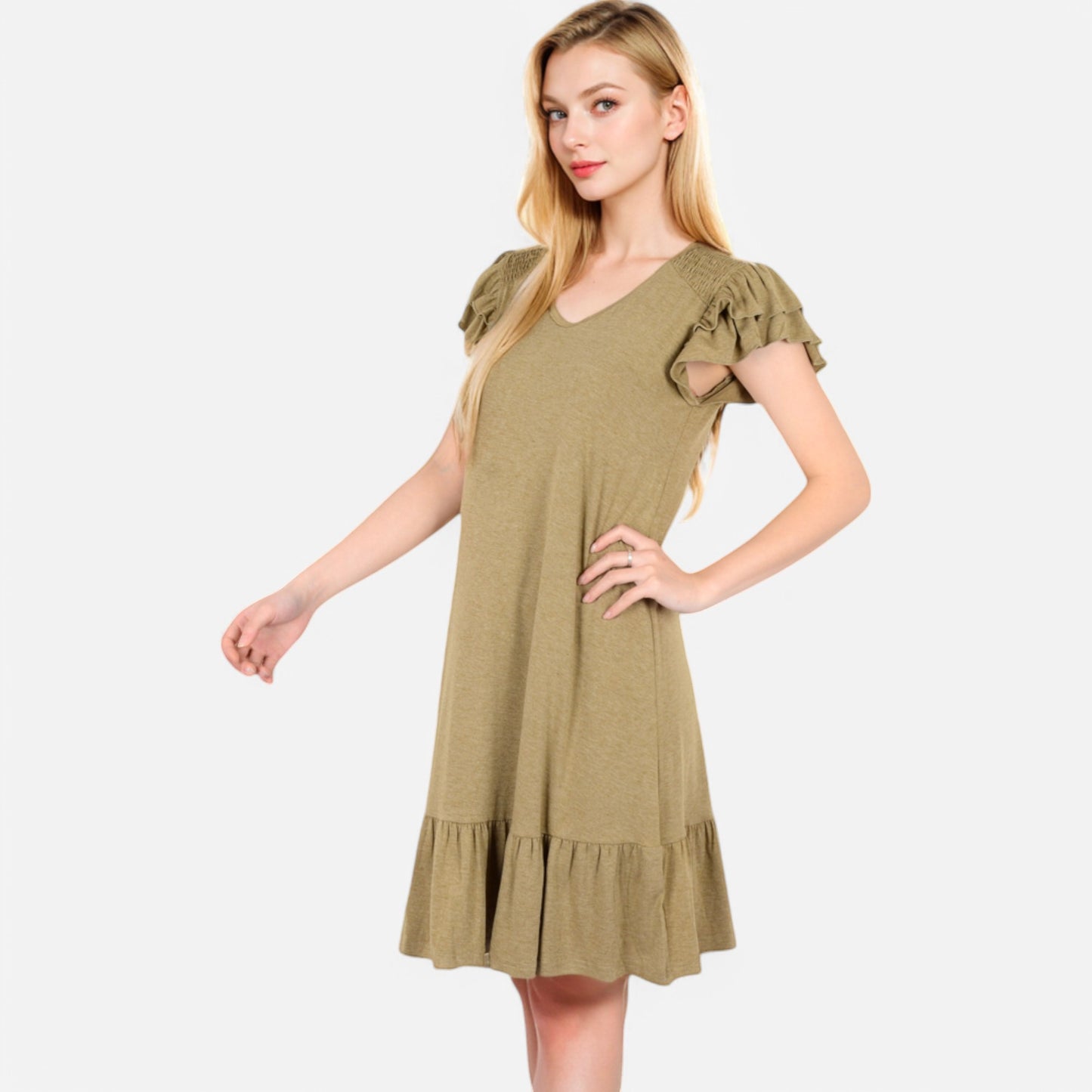 Anna-Kaci Women's Ruffle Sleeve V-Neck Dress with Tiered Hem and Relaxed Fit