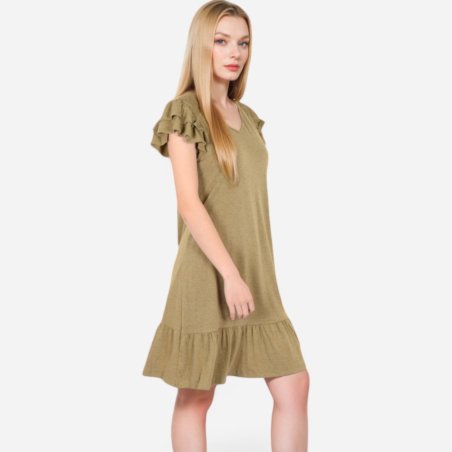 Anna-Kaci Women's Ruffle Sleeve V-Neck Dress with Tiered Hem and Relaxed Fit