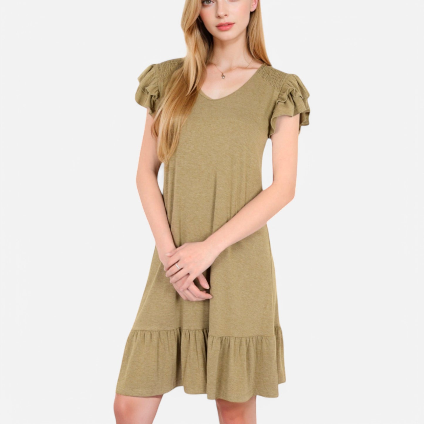 Anna-Kaci Women's Ruffle Sleeve V-Neck Dress with Tiered Hem and Relaxed Fit