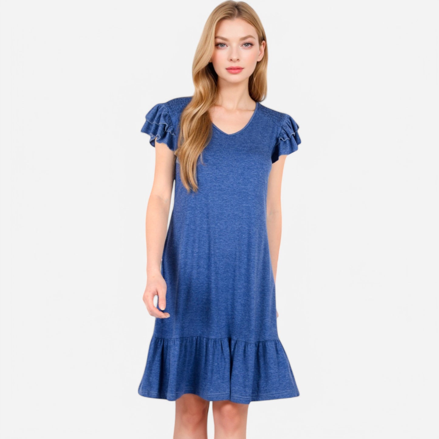 Anna-Kaci Women's Ruffle Sleeve V-Neck Dress with Tiered Hem and Relaxed Fit
