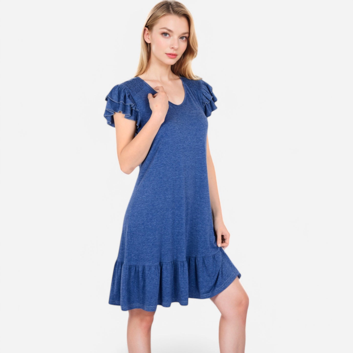 Anna-Kaci Women's Ruffle Sleeve V-Neck Dress with Tiered Hem and Relaxed Fit