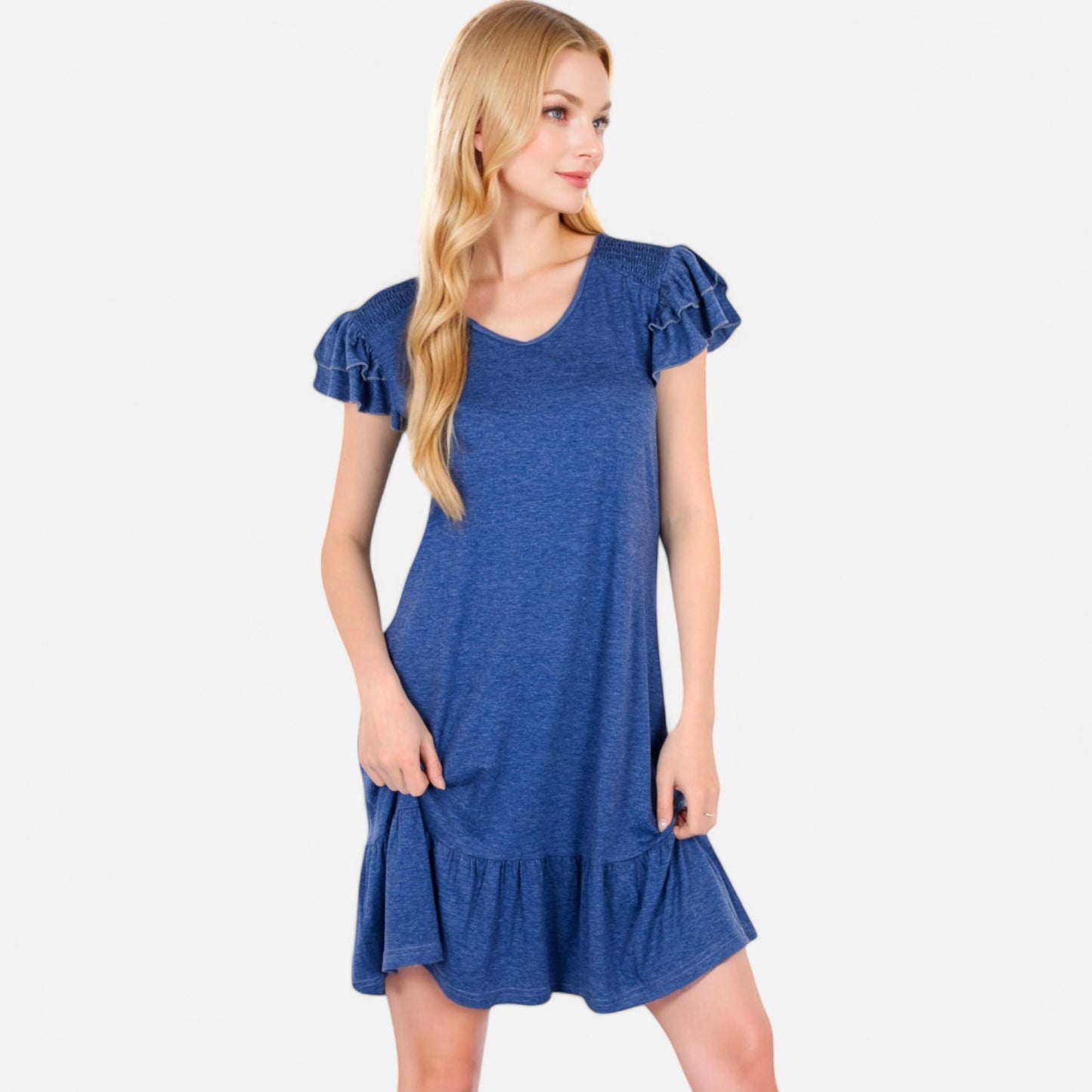 Anna-Kaci Women's Ruffle Sleeve V-Neck Dress with Tiered Hem and Relaxed Fit