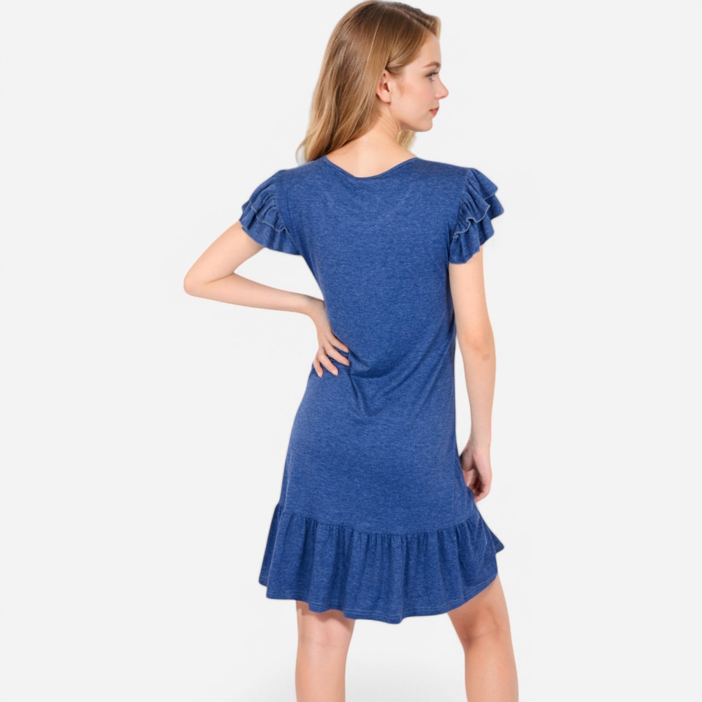 Anna-Kaci Women's Ruffle Sleeve V-Neck Dress with Tiered Hem and Relaxed Fit