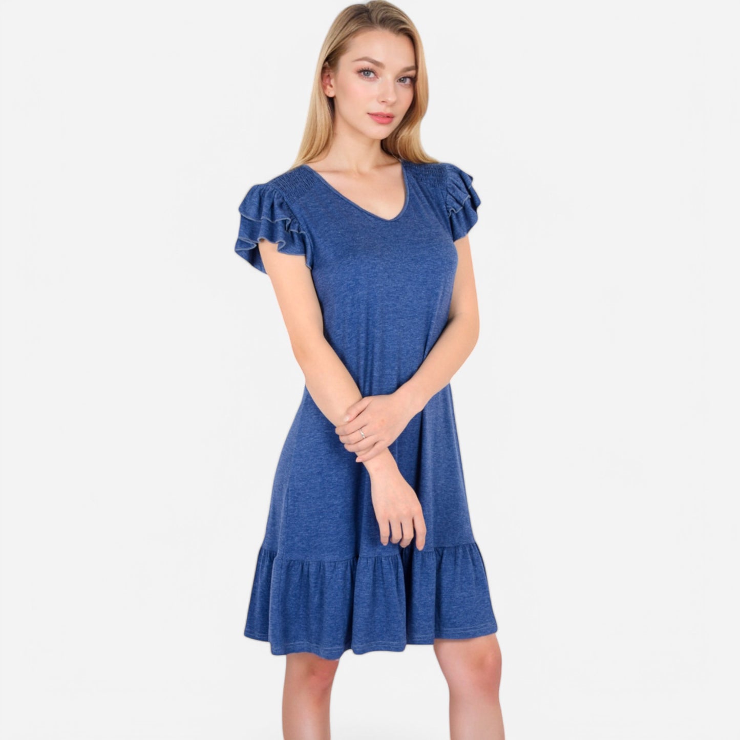 Anna-Kaci Women's Ruffle Sleeve V-Neck Dress with Tiered Hem and Relaxed Fit
