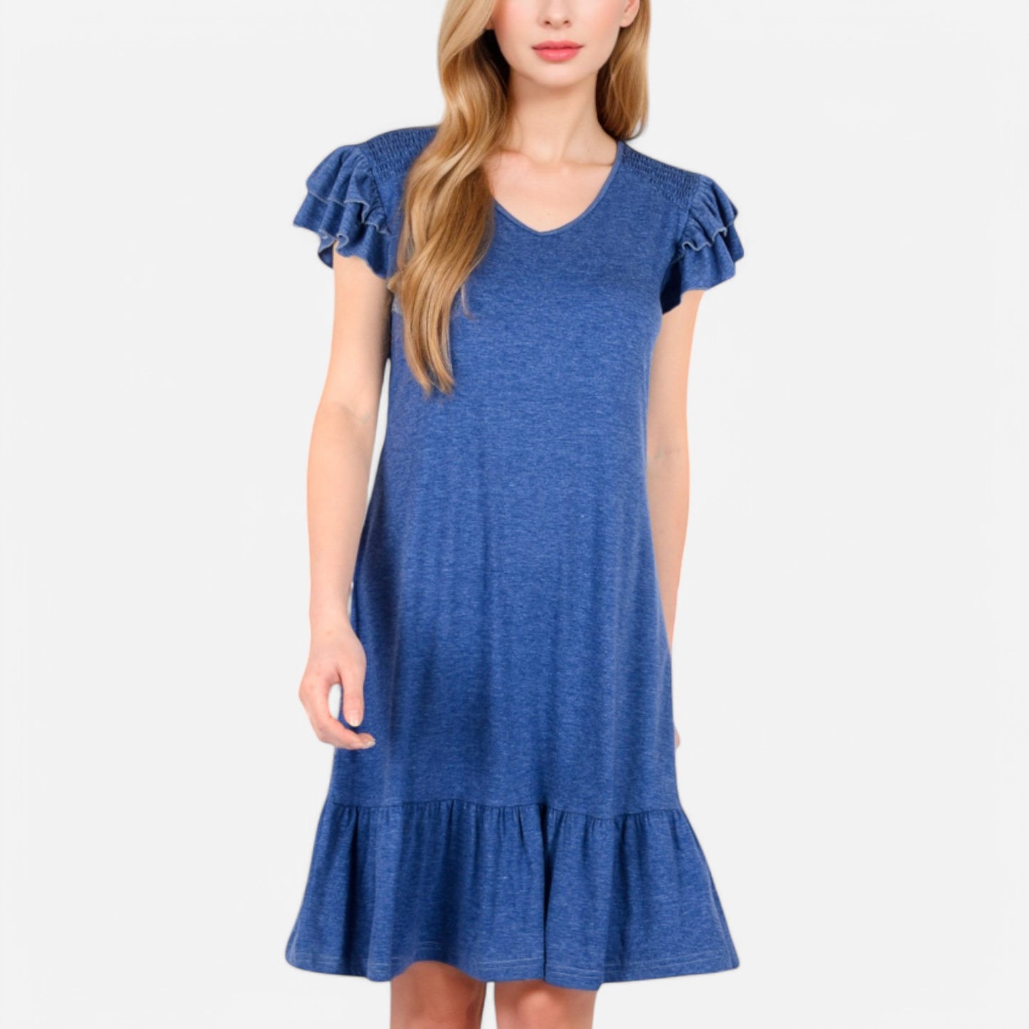 Anna-Kaci Women's Ruffle Sleeve V-Neck Dress with Tiered Hem and Relaxed Fit