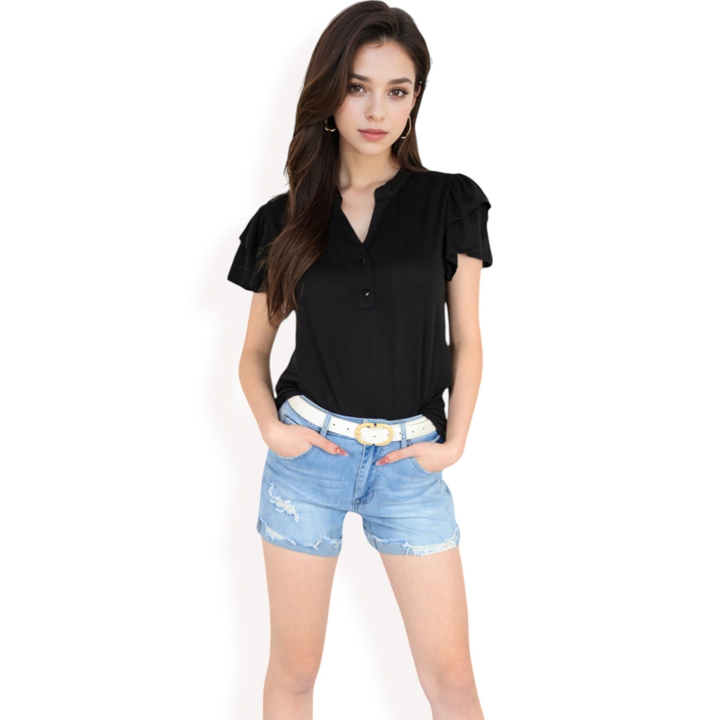 Anna-Kaci Women's Ruffle Sleeve Henley Top with Button Front Detail