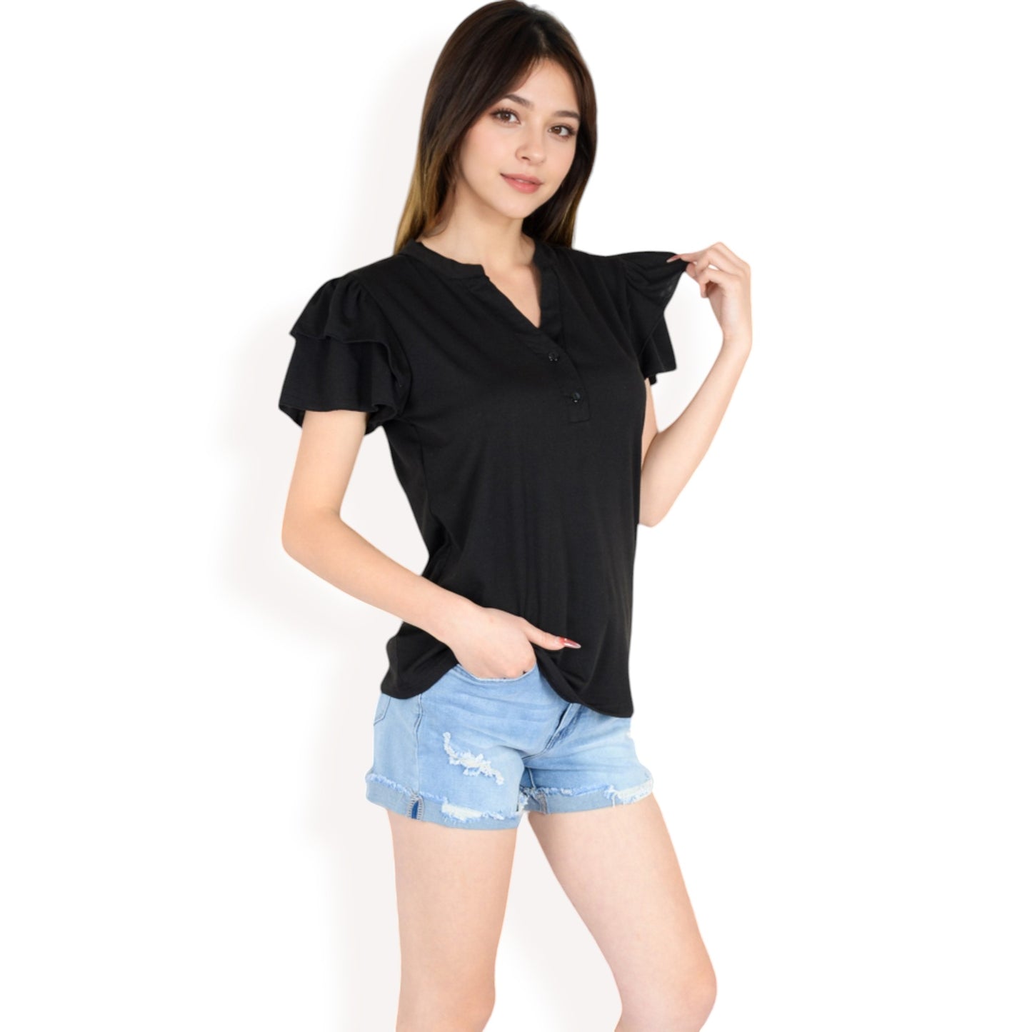 Anna-Kaci Women's Ruffle Sleeve Henley Top with Button Front Detail