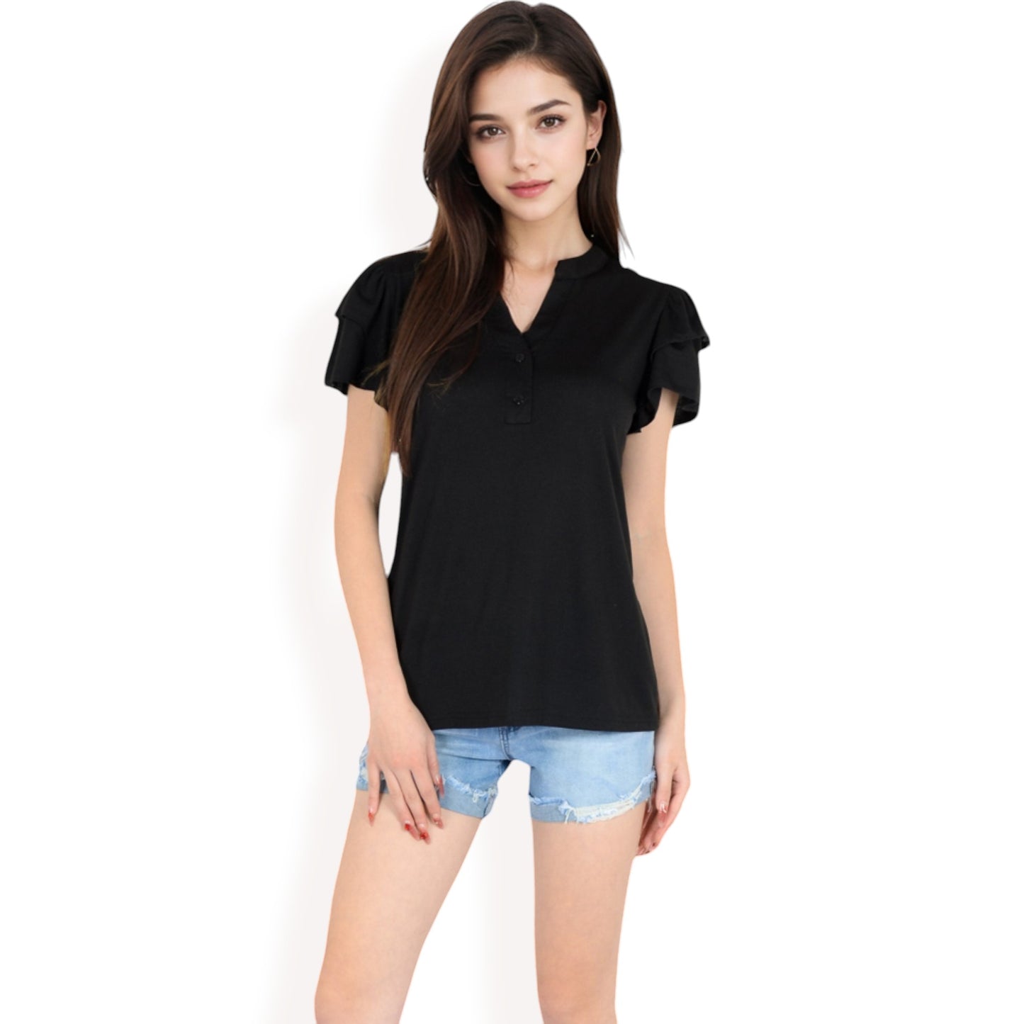 Anna-Kaci Women's Ruffle Sleeve Henley Top with Button Front Detail