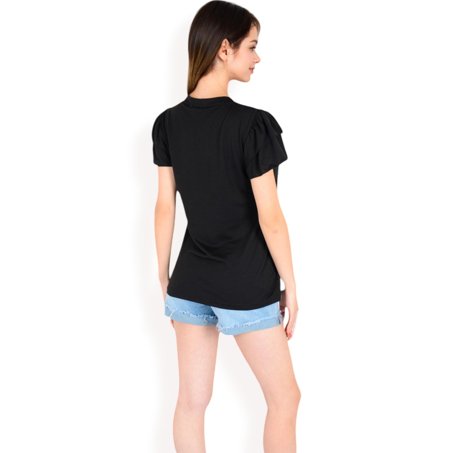 Anna-Kaci Women's Ruffle Sleeve Henley Top with Button Front Detail