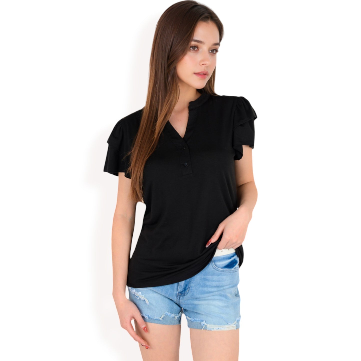 Anna-Kaci Women's Ruffle Sleeve Henley Top with Button Front Detail