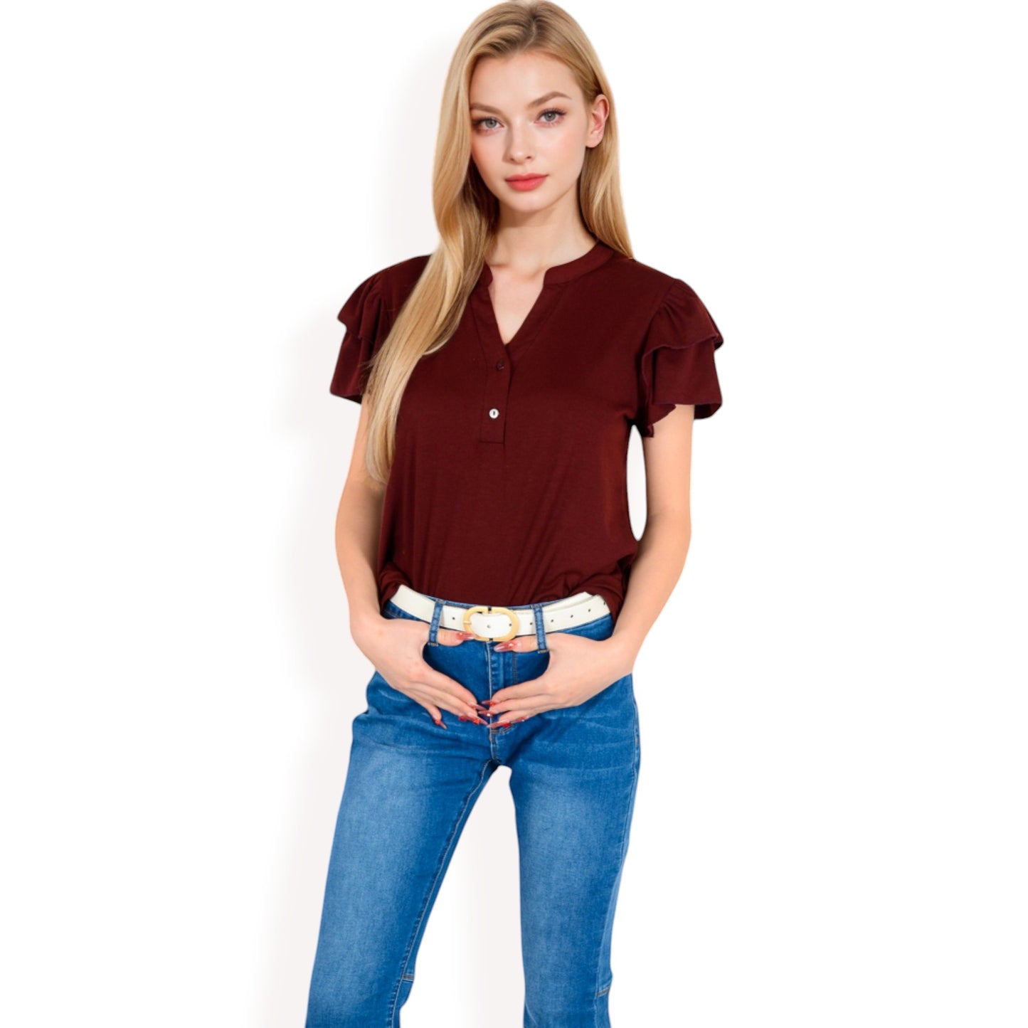 Anna-Kaci Women's Ruffle Sleeve Henley Top with Button Front Detail
