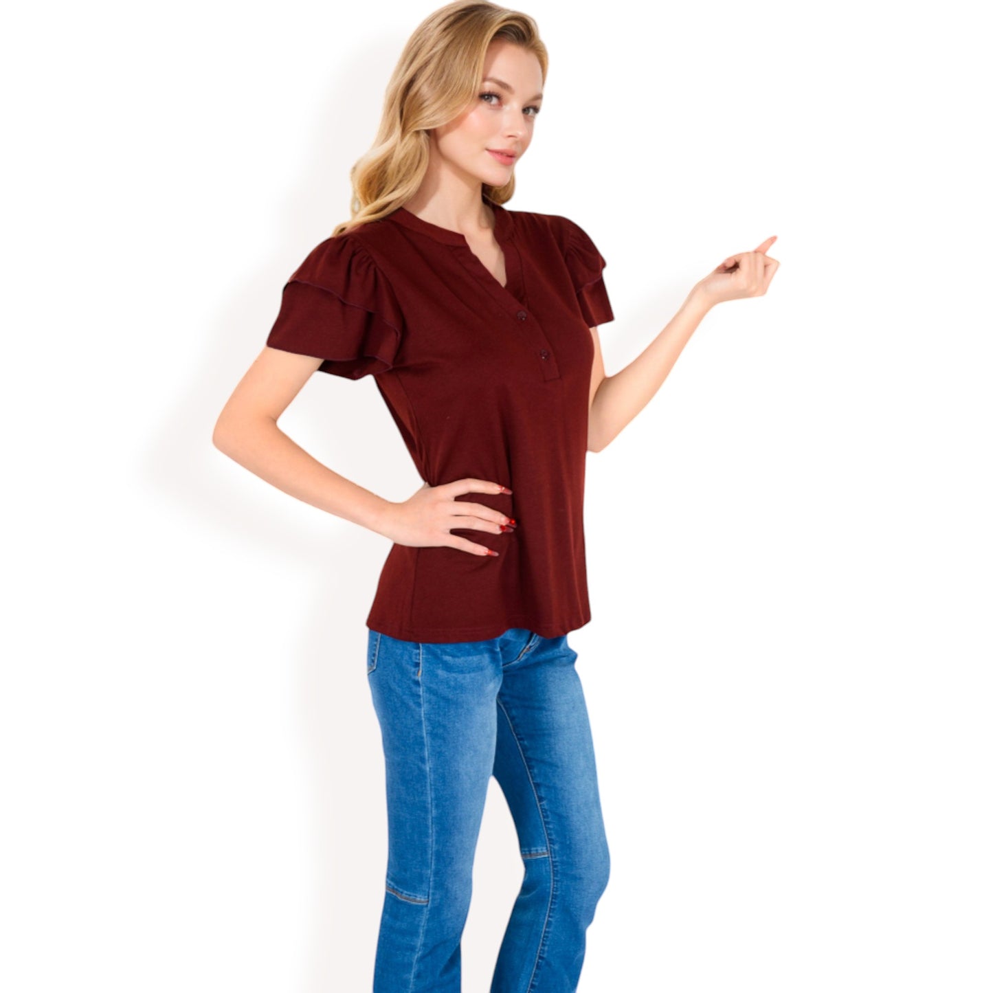 Anna-Kaci Women's Ruffle Sleeve Henley Top with Button Front Detail