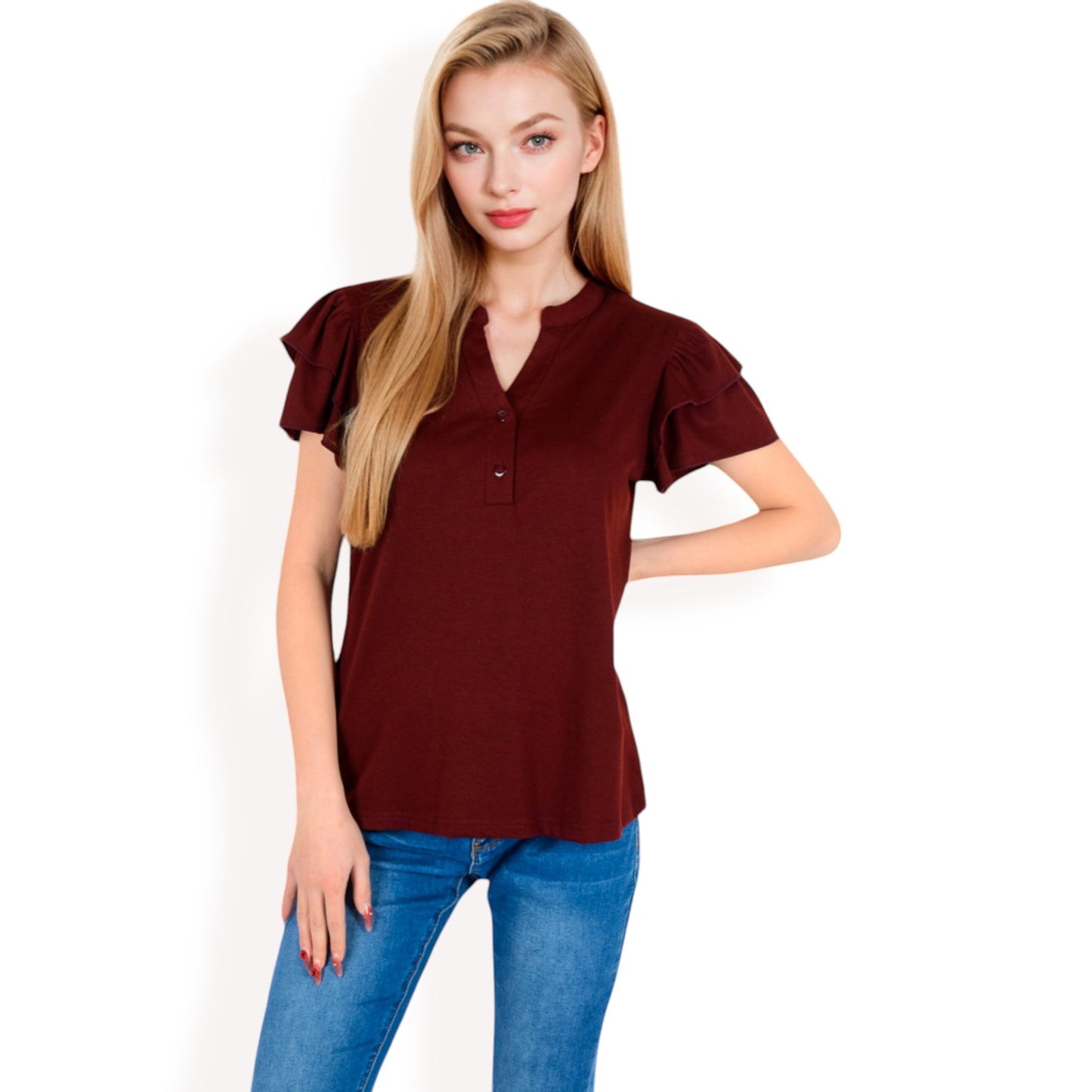 Anna-Kaci Women's Ruffle Sleeve Henley Top with Button Front Detail