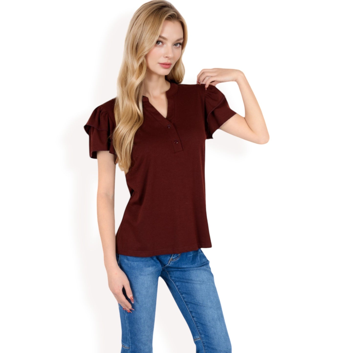 Anna-Kaci Women's Ruffle Sleeve Henley Top with Button Front Detail