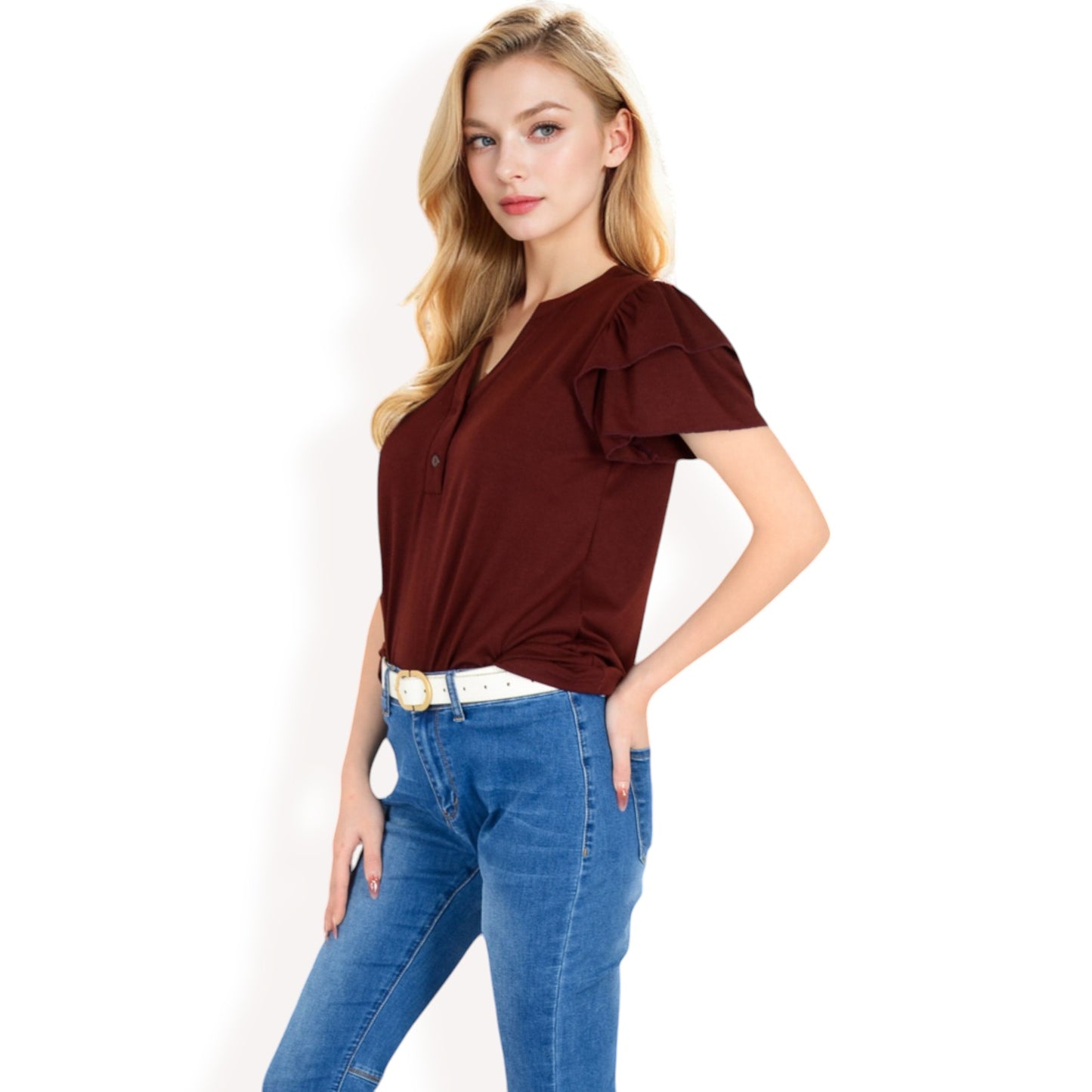Anna-Kaci Women's Ruffle Sleeve Henley Top with Button Front Detail