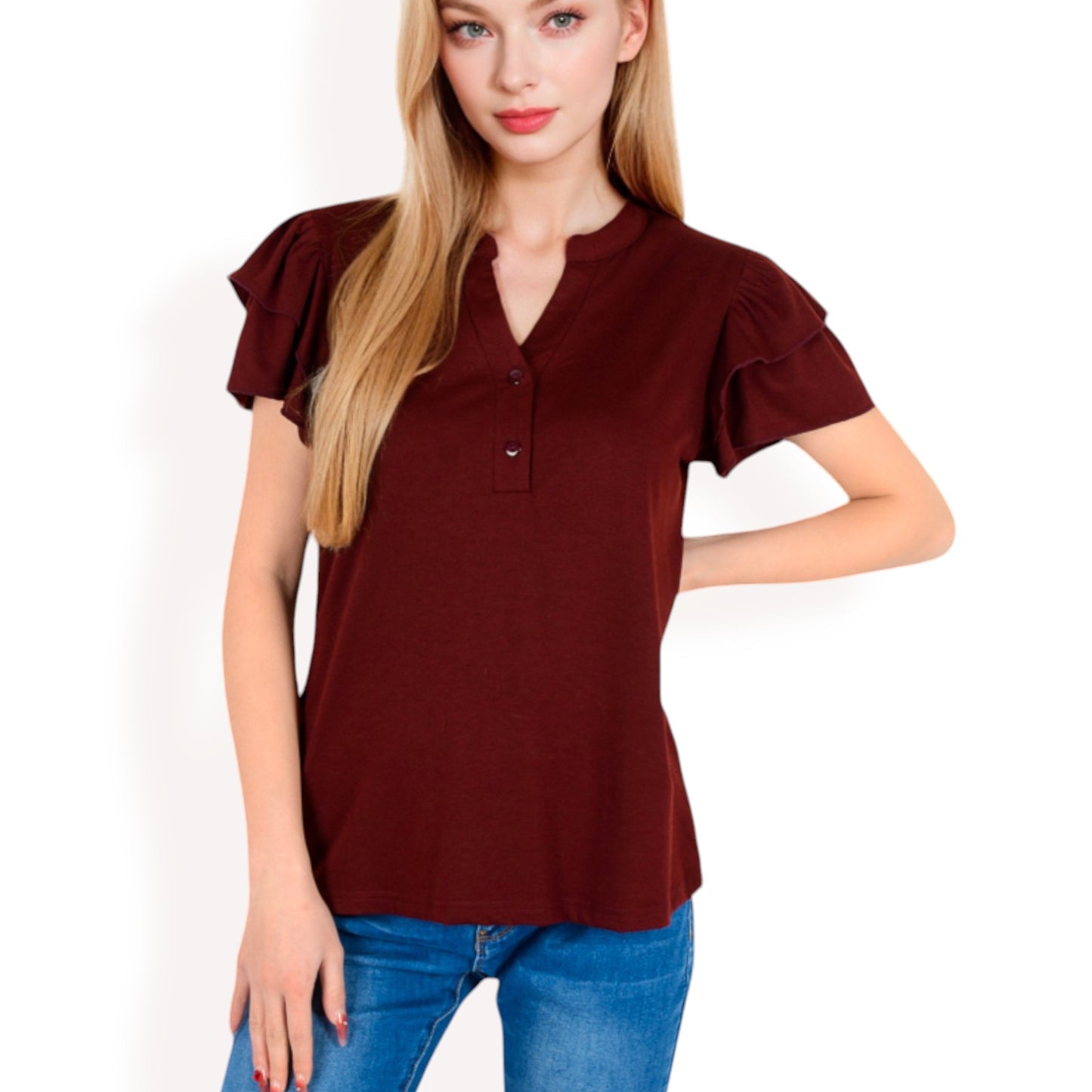 Anna-Kaci Women's Ruffle Sleeve Henley Top with Button Front Detail