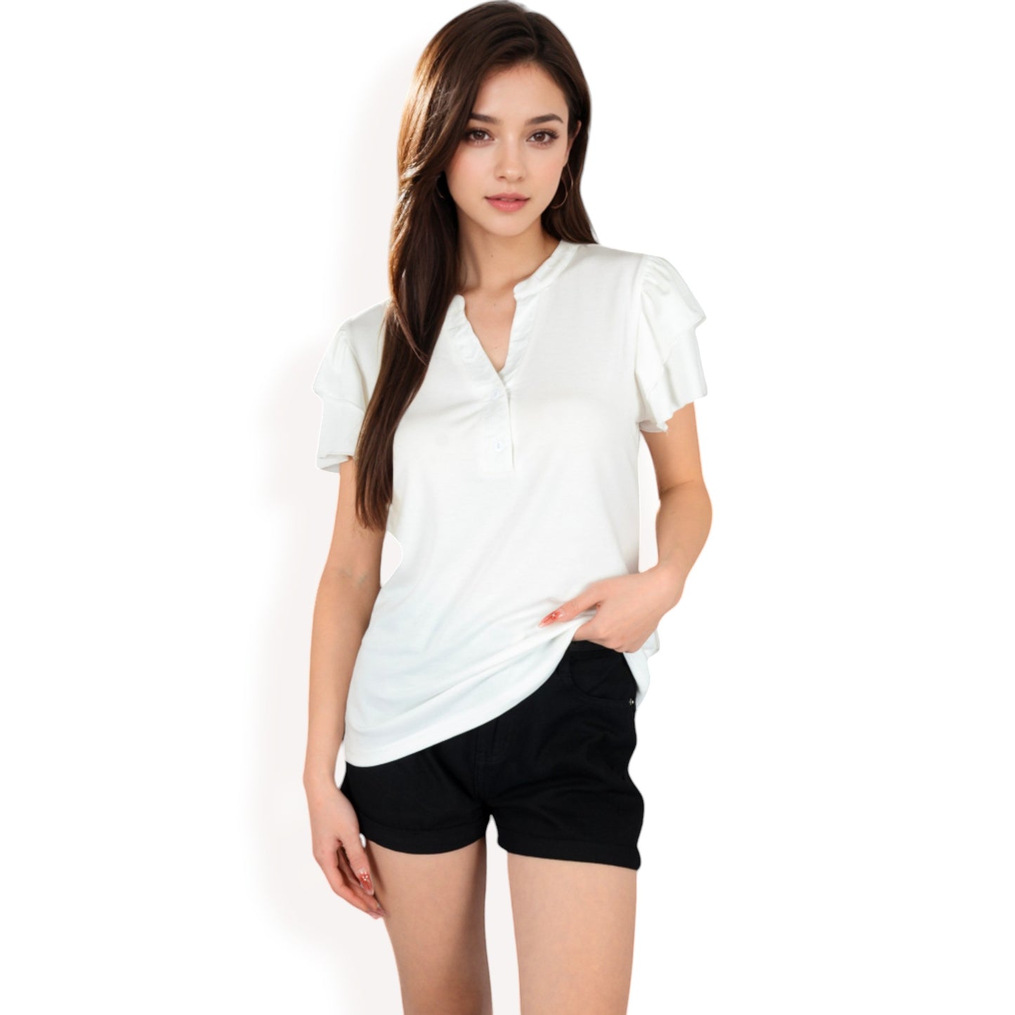 Anna-Kaci Women's Ruffle Sleeve Henley Top with Button Front Detail