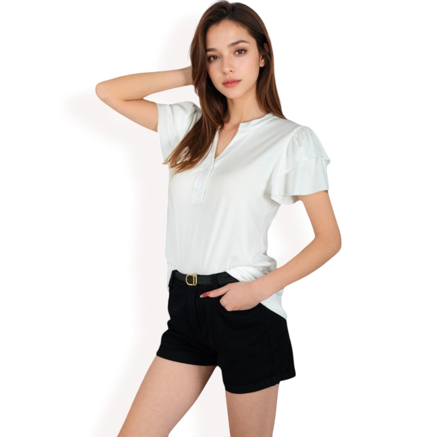 Anna-Kaci Women's Ruffle Sleeve Henley Top with Button Front Detail