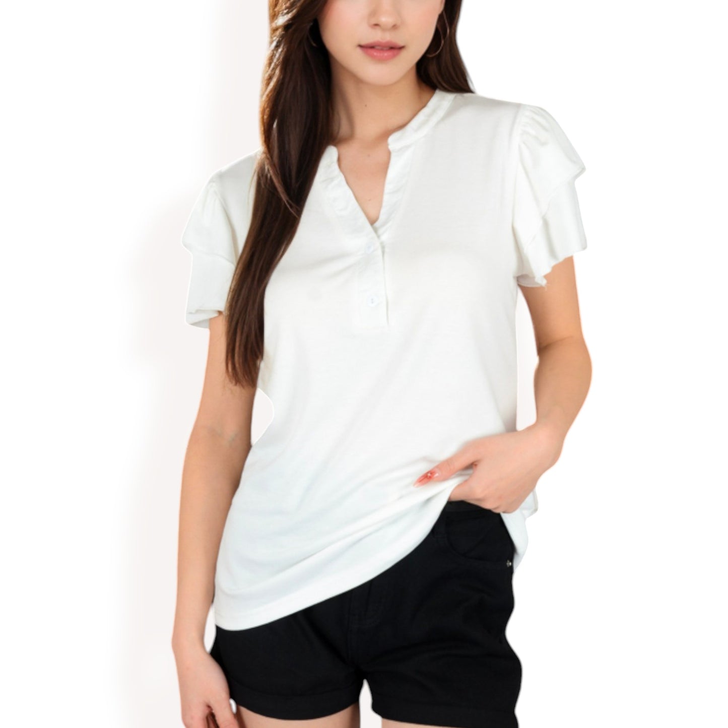 Anna-Kaci Women's Ruffle Sleeve Henley Top with Button Front Detail