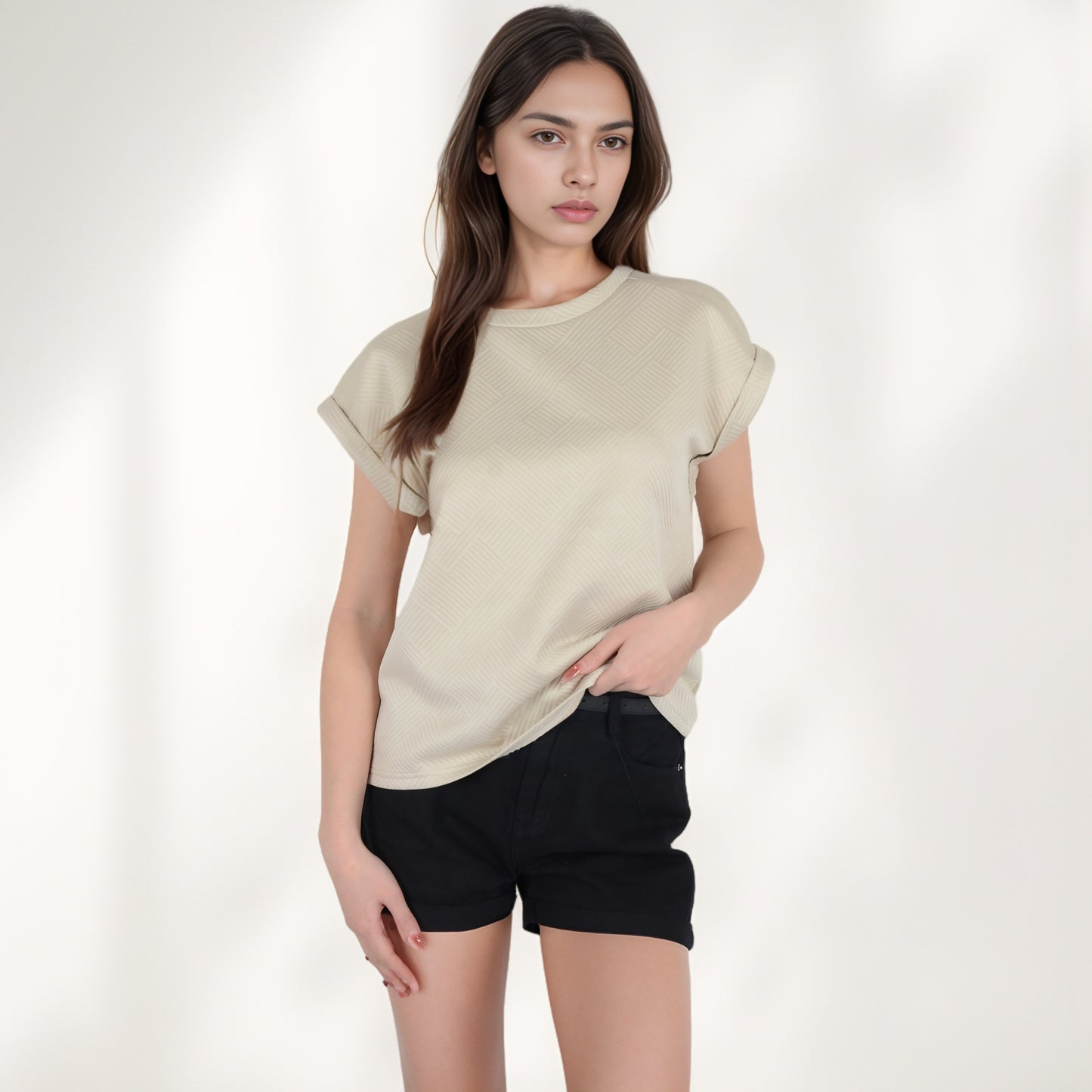 Anna-Kaci Women's Textured Short Sleeve Pullover Top with Rolled Cuffs and Subtle Geometric Pattern