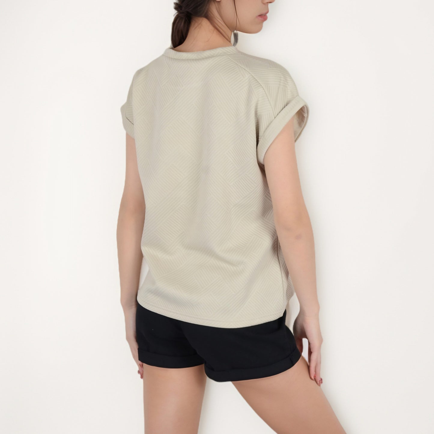 Anna-Kaci Women's Textured Short Sleeve Pullover Top with Rolled Cuffs and Subtle Geometric Pattern