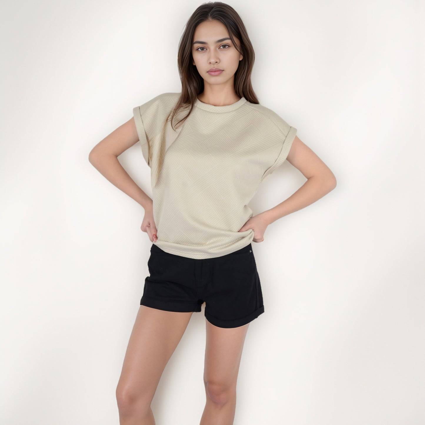 Anna-Kaci Women's Textured Short Sleeve Pullover Top with Rolled Cuffs and Subtle Geometric Pattern