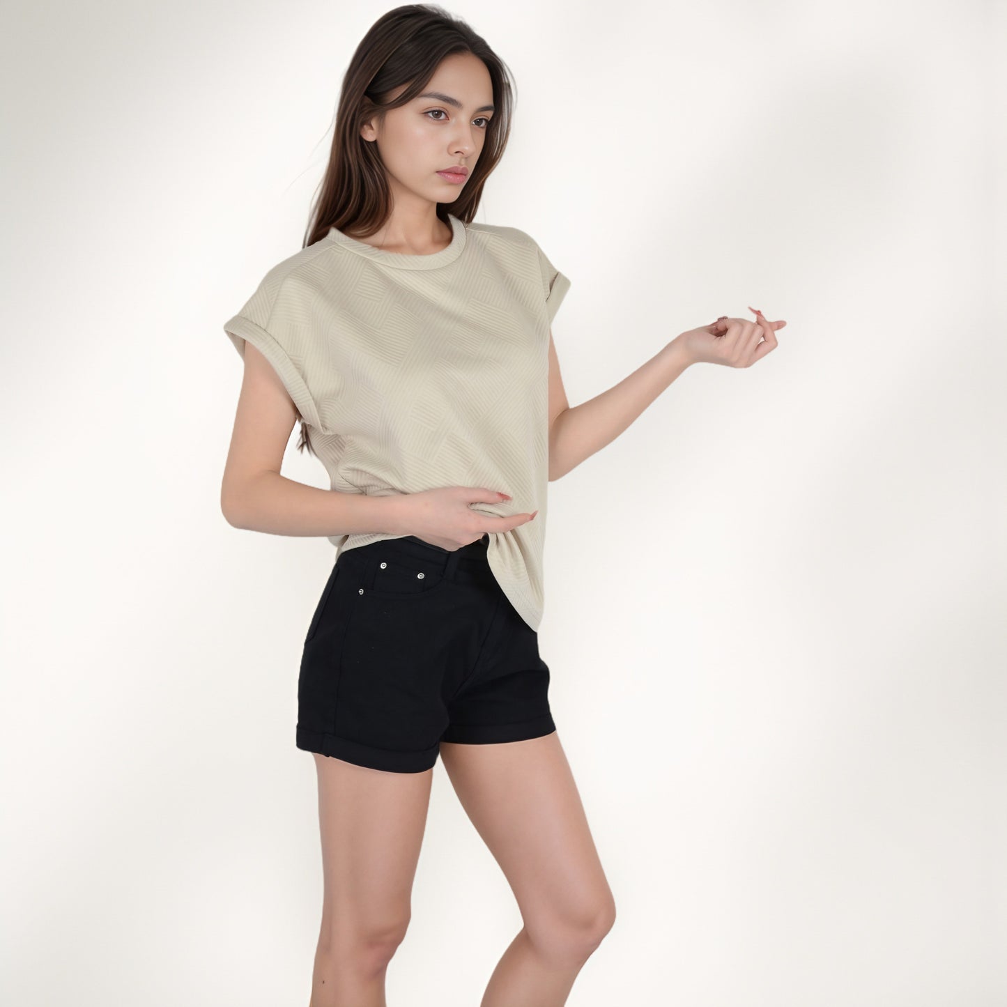 Anna-Kaci Women's Textured Short Sleeve Pullover Top with Rolled Cuffs and Subtle Geometric Pattern