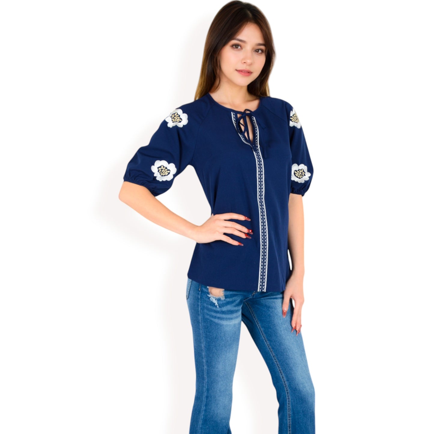 Anna-Kaci Women's Floral Embroidered Blouse with Puff Sleeves and V-Neckline