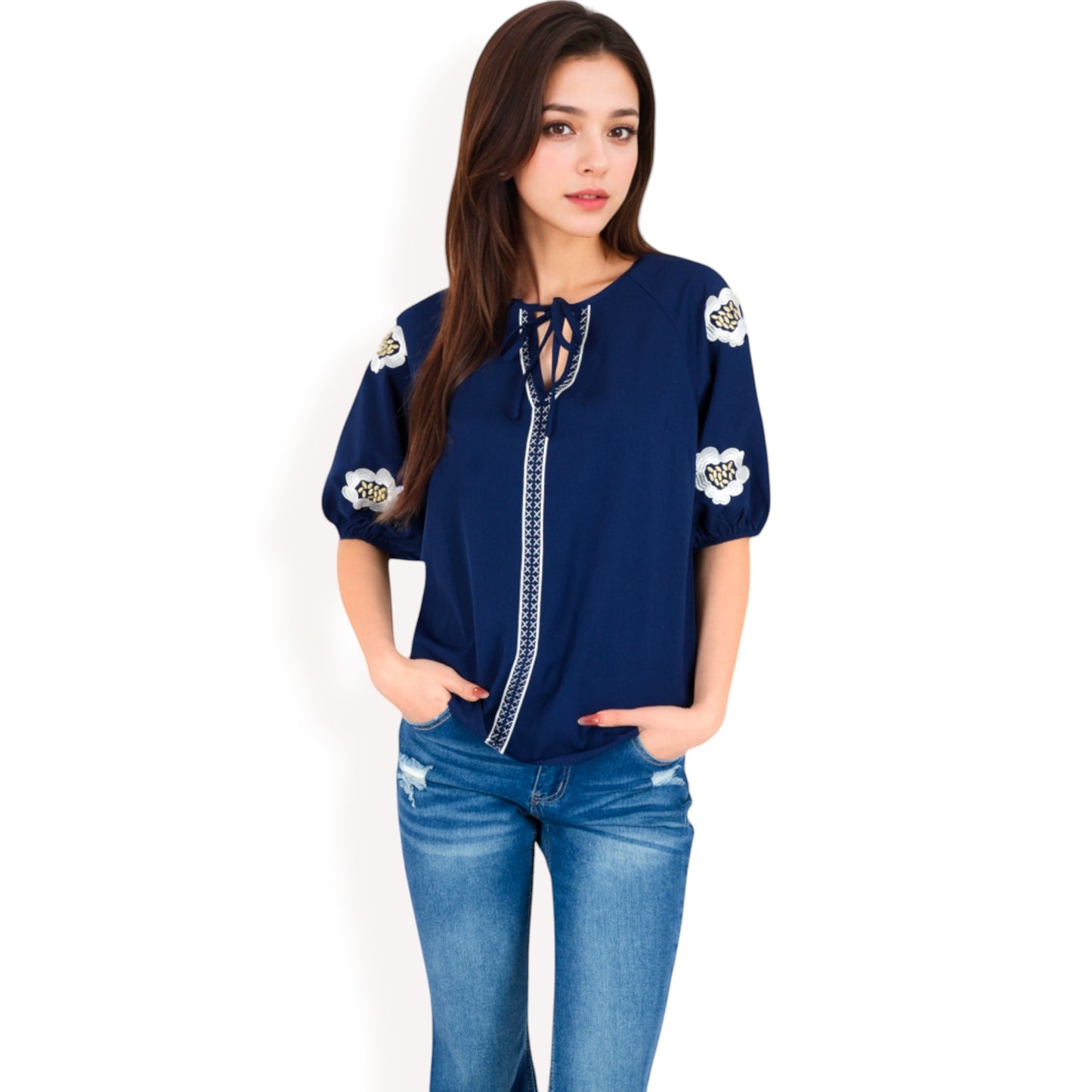 Anna-Kaci Women's Floral Embroidered Blouse with Puff Sleeves and V-Neckline