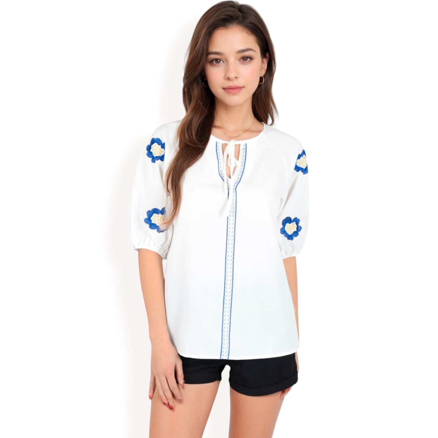 Anna-Kaci Women's Floral Embroidered Blouse with Puff Sleeves and V-Neckline