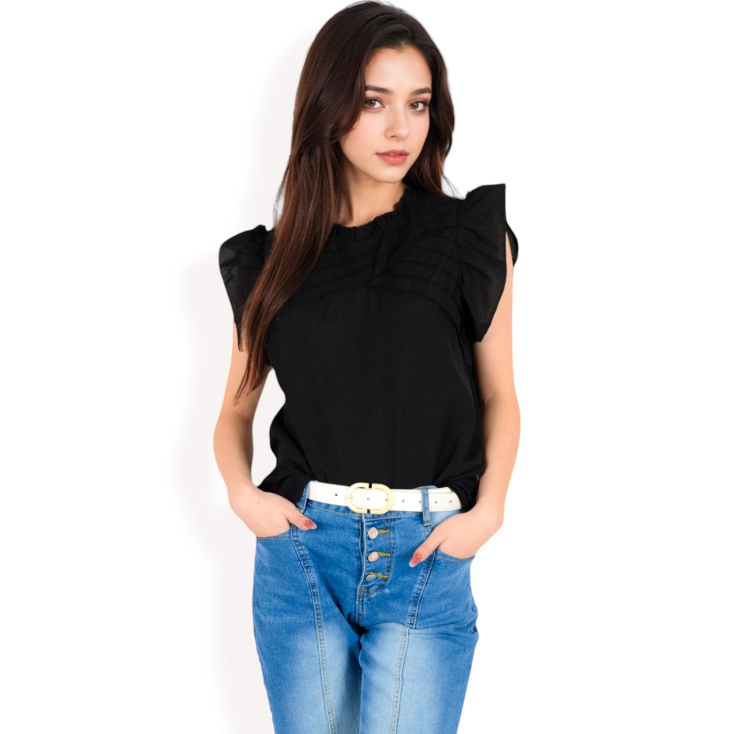 Anna-Kaci Women's Ruffled Sleeve Pleated Front Knit Top