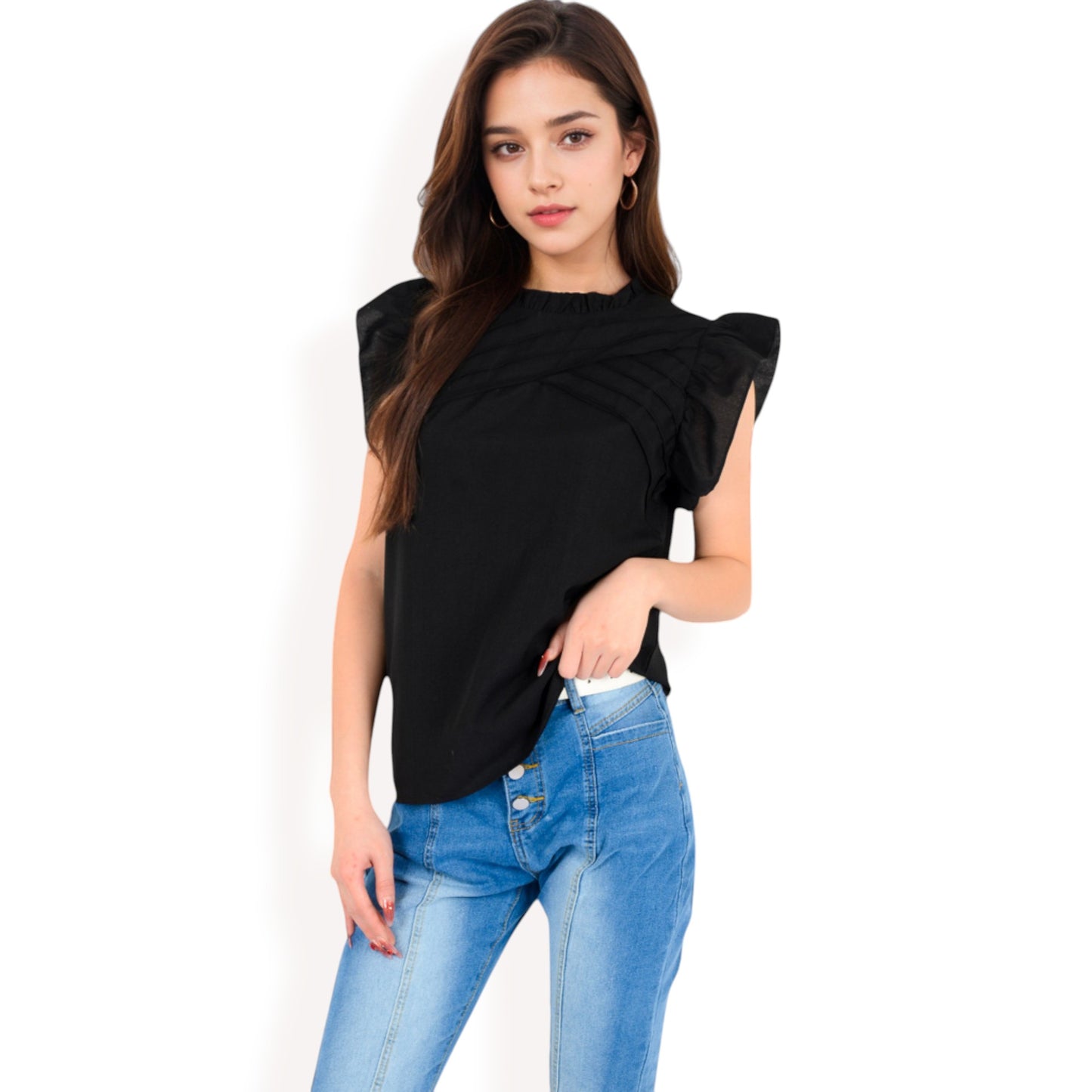 Anna-Kaci Women's Ruffled Sleeve Pleated Front Knit Top