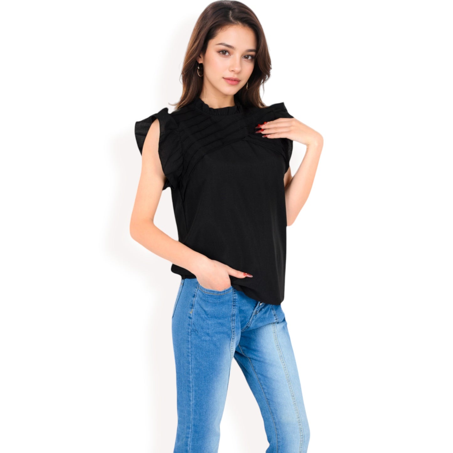 Anna-Kaci Women's Ruffled Sleeve Pleated Front Knit Top