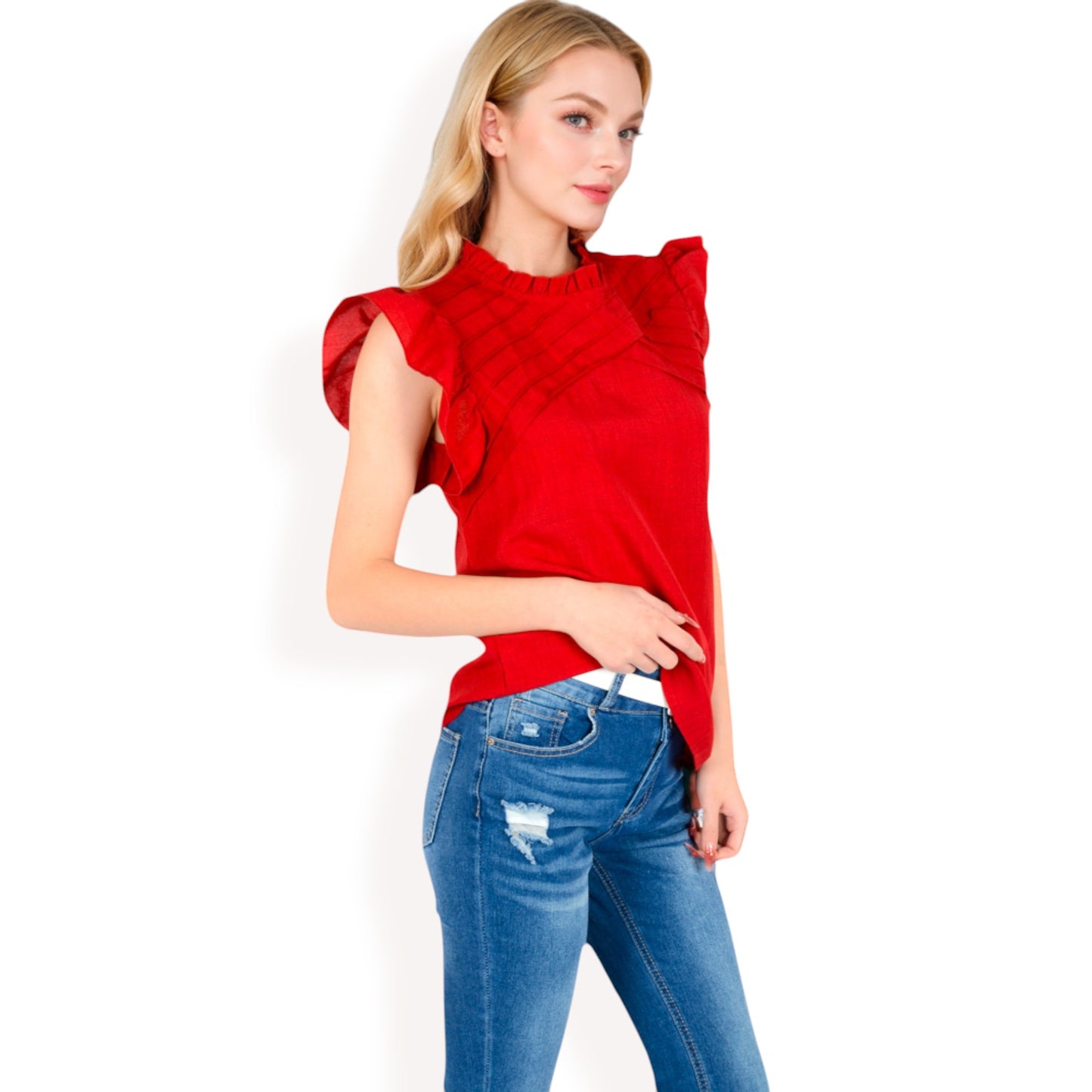 Anna-Kaci Women's Ruffled Sleeve Pleated Front Knit Top
