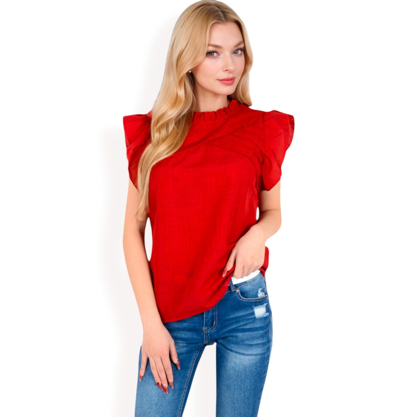 Anna-Kaci Women's Ruffled Sleeve Pleated Front Knit Top