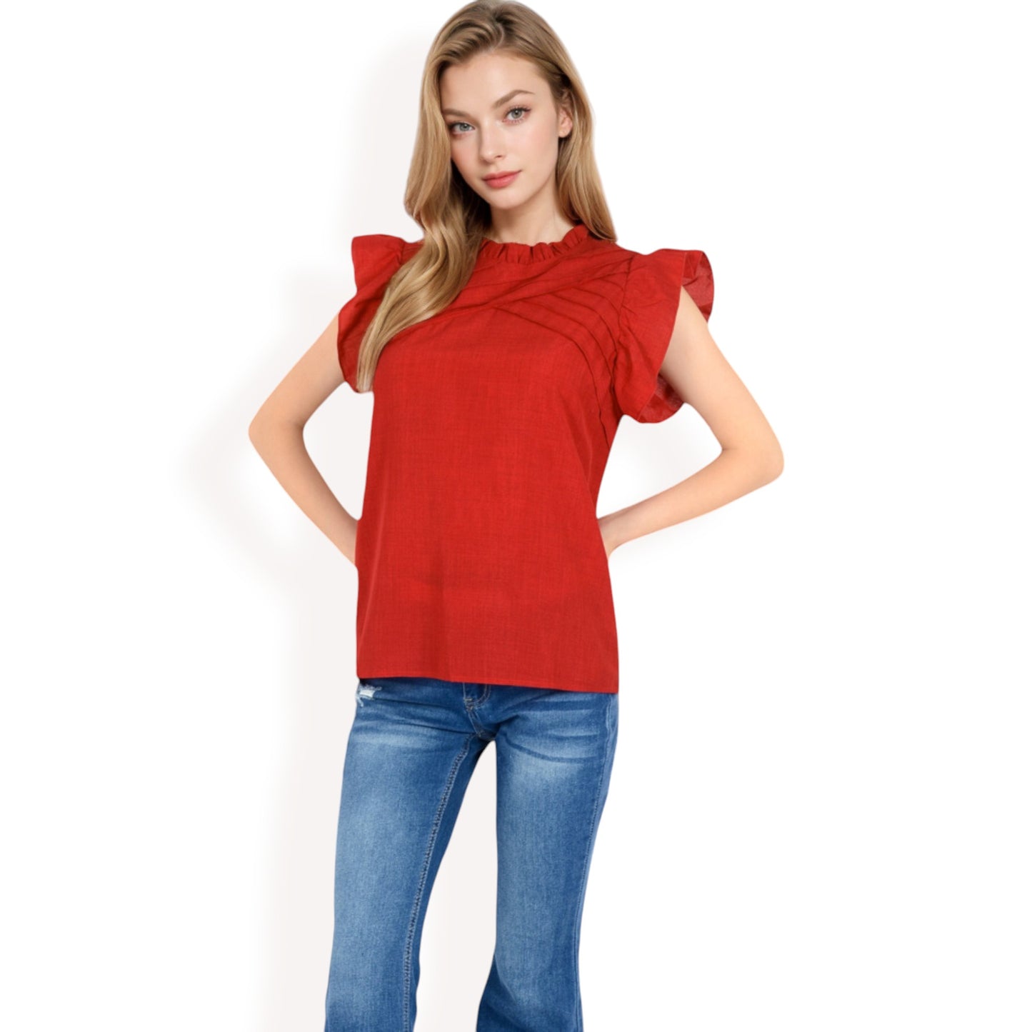 Anna-Kaci Women's Ruffled Sleeve Pleated Front Knit Top