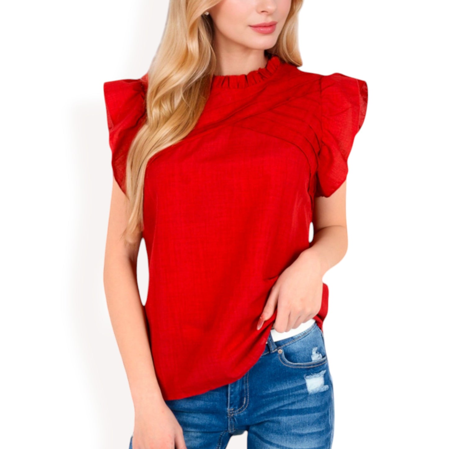 Anna-Kaci Women's Ruffled Sleeve Pleated Front Knit Top