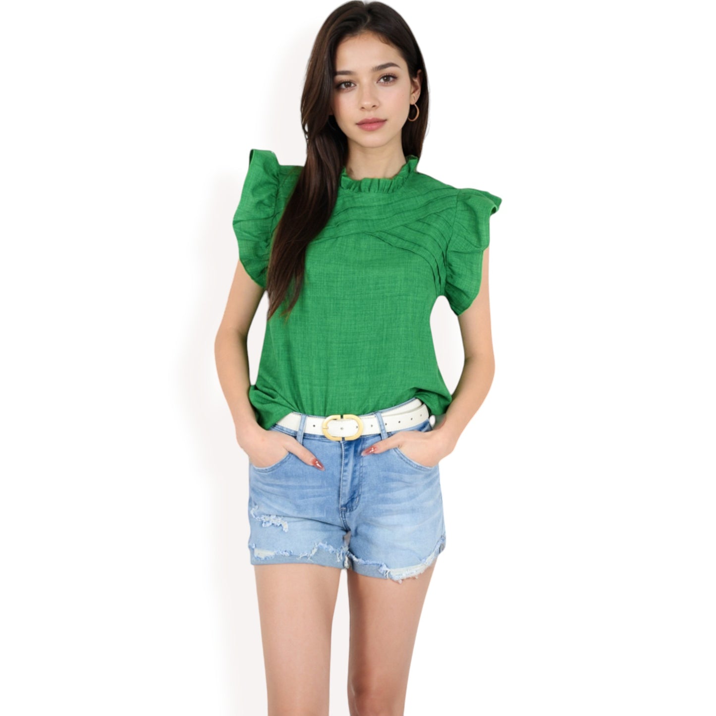 Anna-Kaci Women's Ruffled Sleeve Pleated Front Knit Top