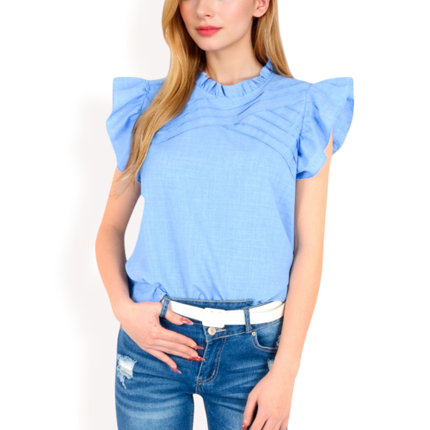 Anna-Kaci Women's Ruffled Sleeve Pleated Front Knit Top