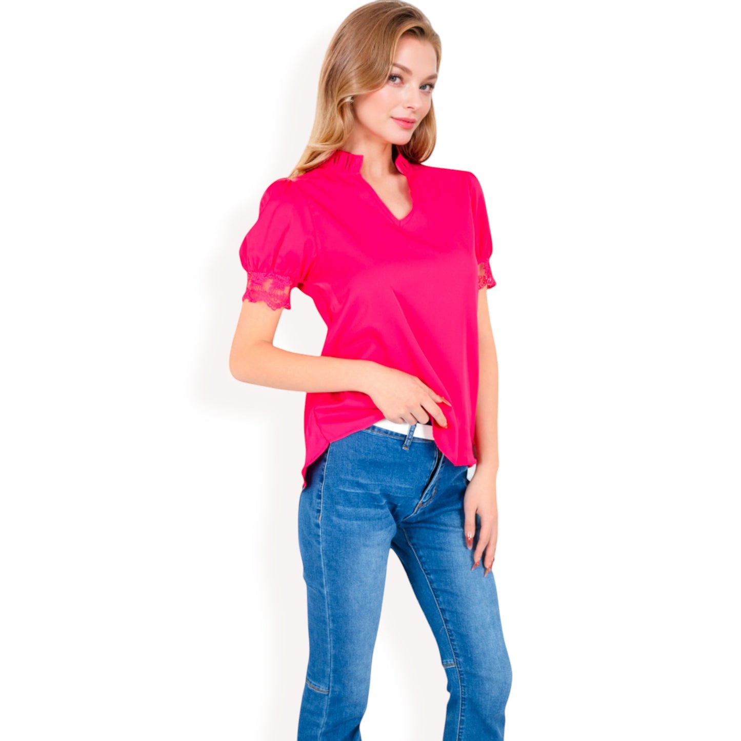 Anna-Kaci Women's Puff Sleeve Blouse with Delicate Crochet Cuffs and V-Neckline