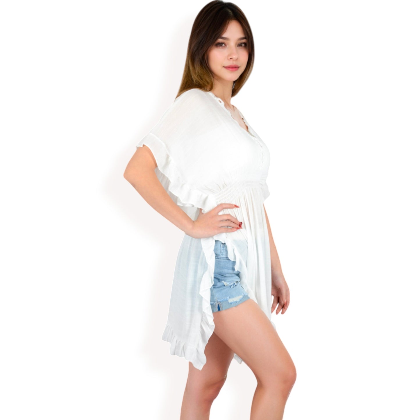 Anna-Kaci Women's White Flutter Sleeve Dress with Crochet Trim V-Neck and Smocked Waist