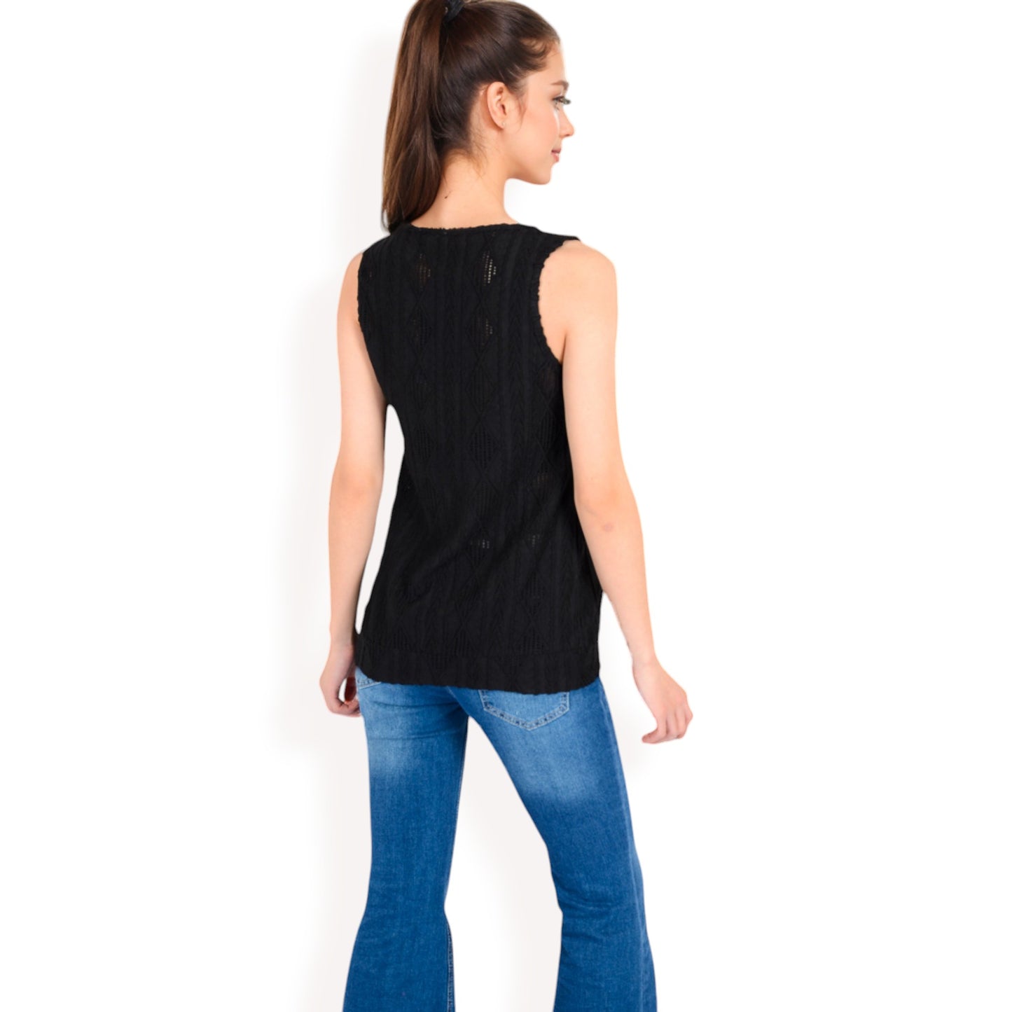 Anna-Kaci Women's Sleeveless Blouse with Keyhole Neckline and Geometric Eyelet Design