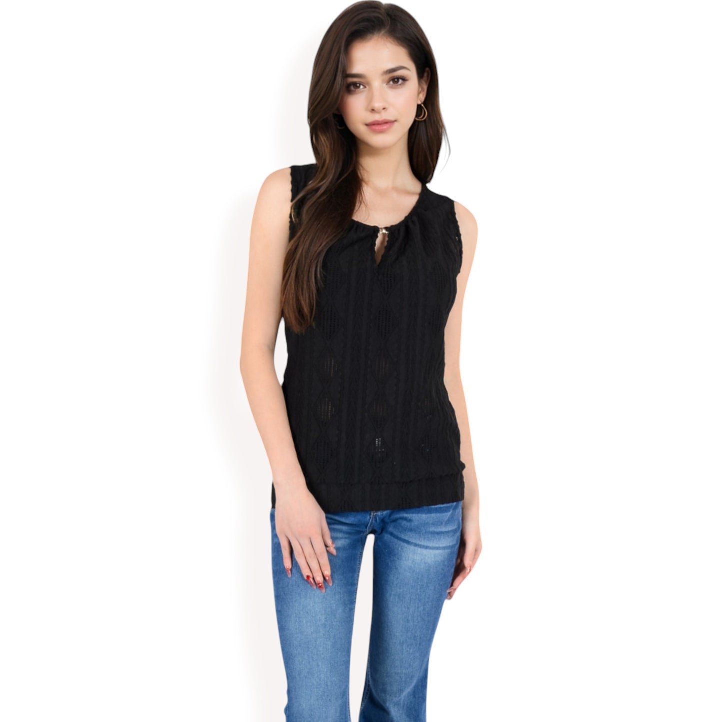 Anna-Kaci Women's Sleeveless Blouse with Keyhole Neckline and Geometric Eyelet Design