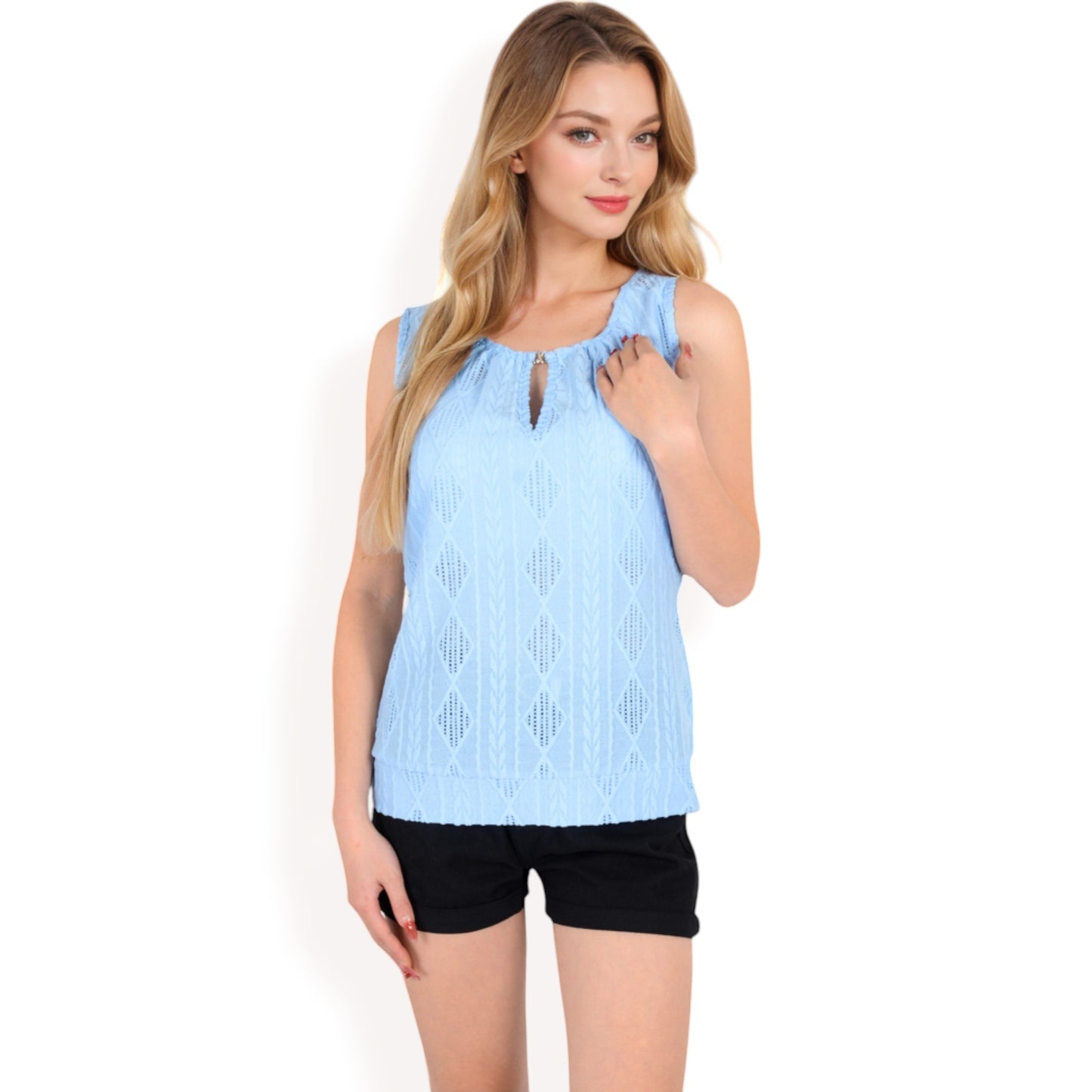 Anna-Kaci Women's Sleeveless Blouse with Keyhole Neckline and Geometric Eyelet Design