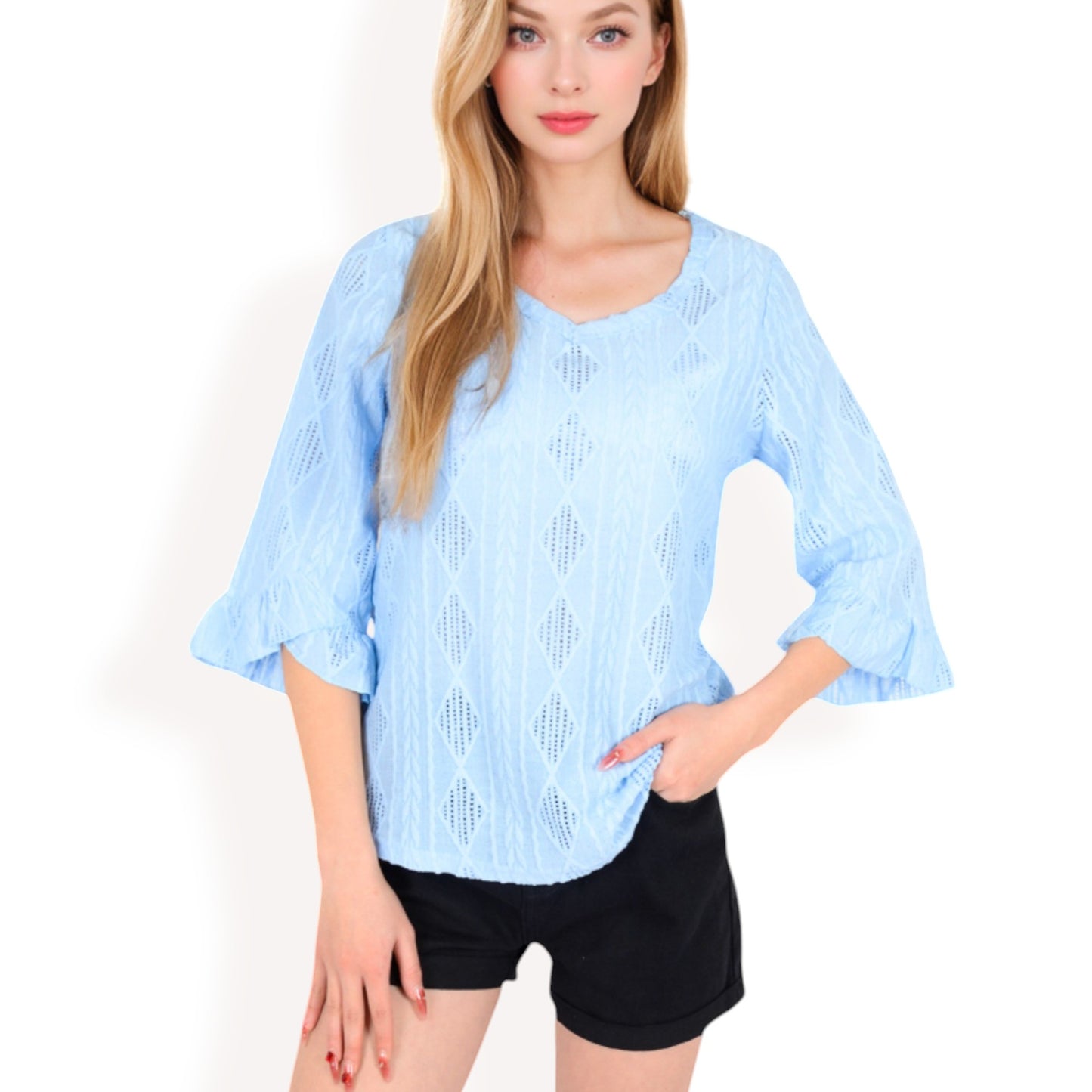 Anna-Kaci Women's 3/4 Sleeve V-Neck Blouse with Geometric Eyelet Pattern