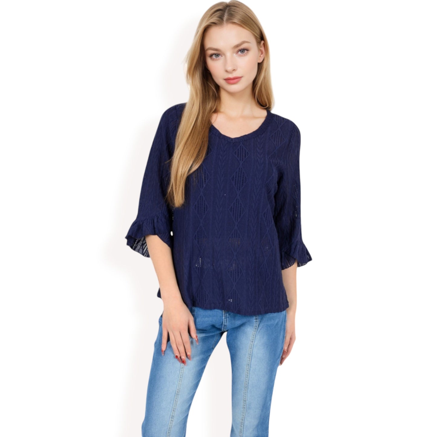 Anna-Kaci Women's 3/4 Sleeve V-Neck Blouse with Geometric Eyelet Pattern