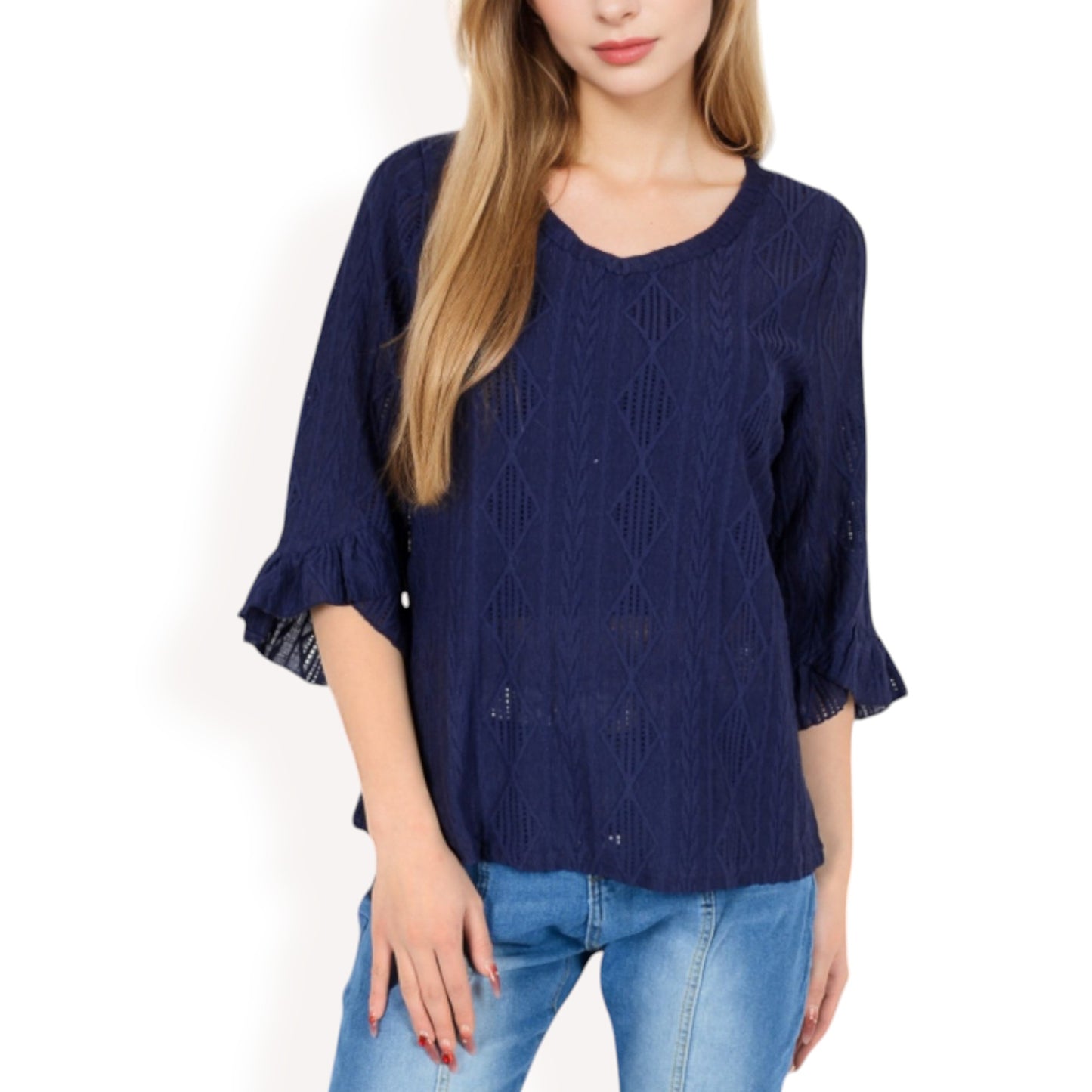 Anna-Kaci Women's 3/4 Sleeve V-Neck Blouse with Geometric Eyelet Pattern