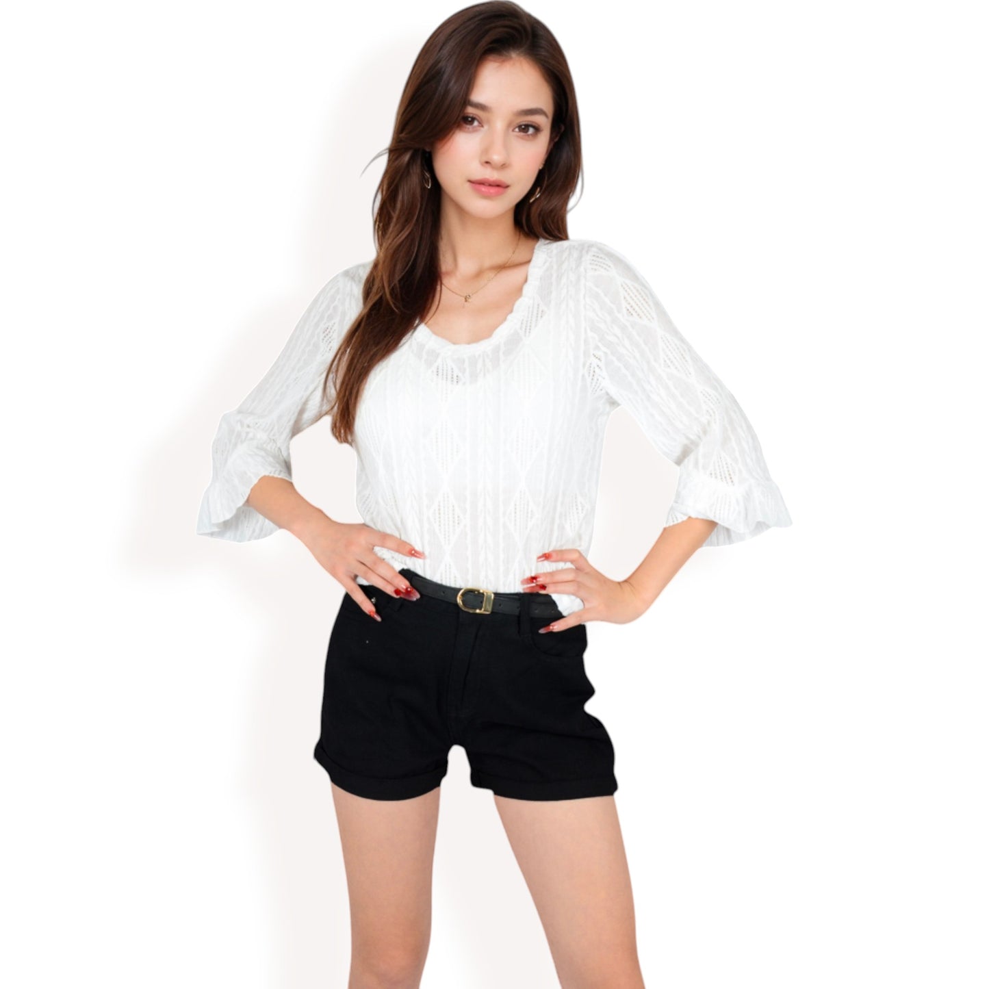 Anna-Kaci Women's 3/4 Sleeve V-Neck Blouse with Geometric Eyelet Pattern