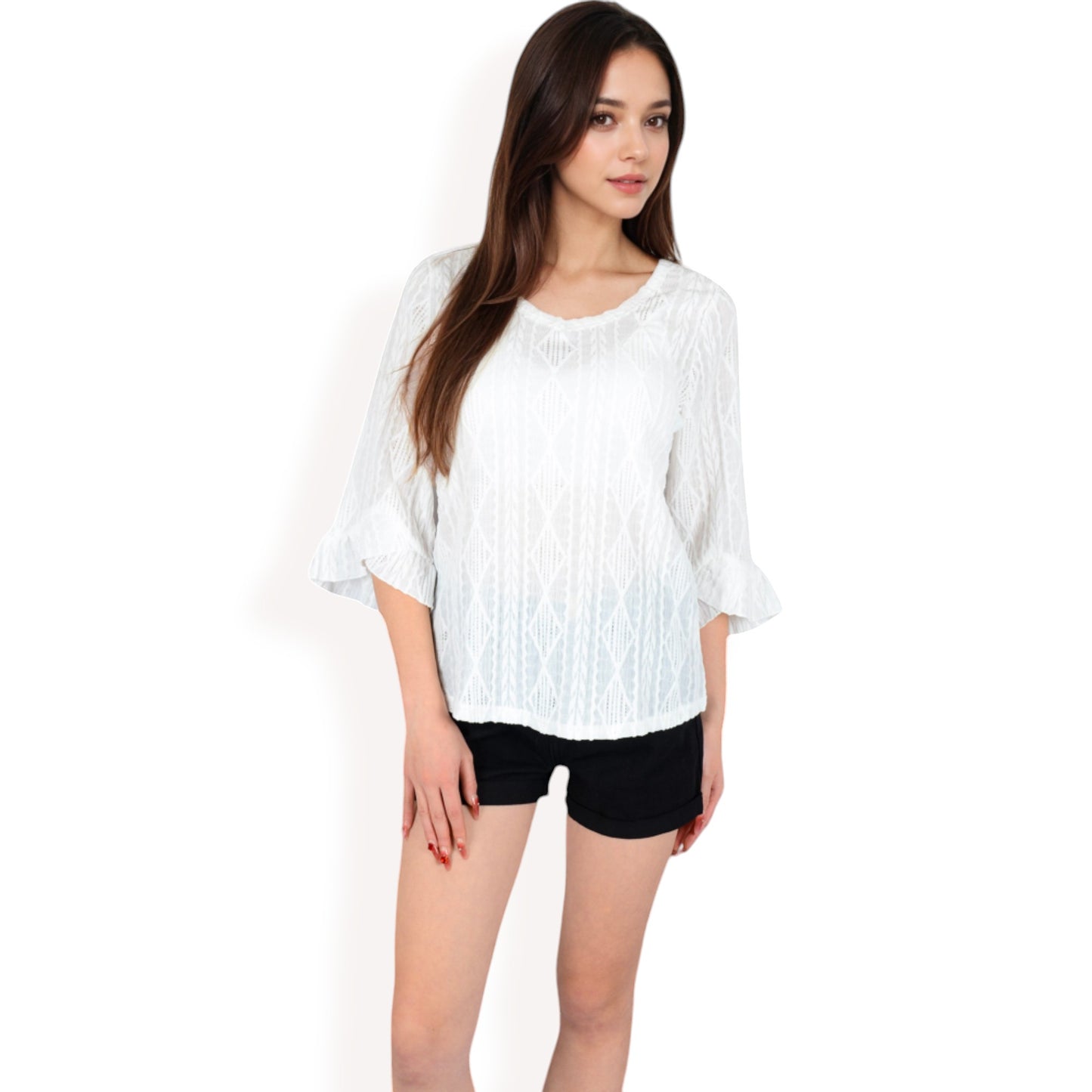 Anna-Kaci Women's 3/4 Sleeve V-Neck Blouse with Geometric Eyelet Pattern