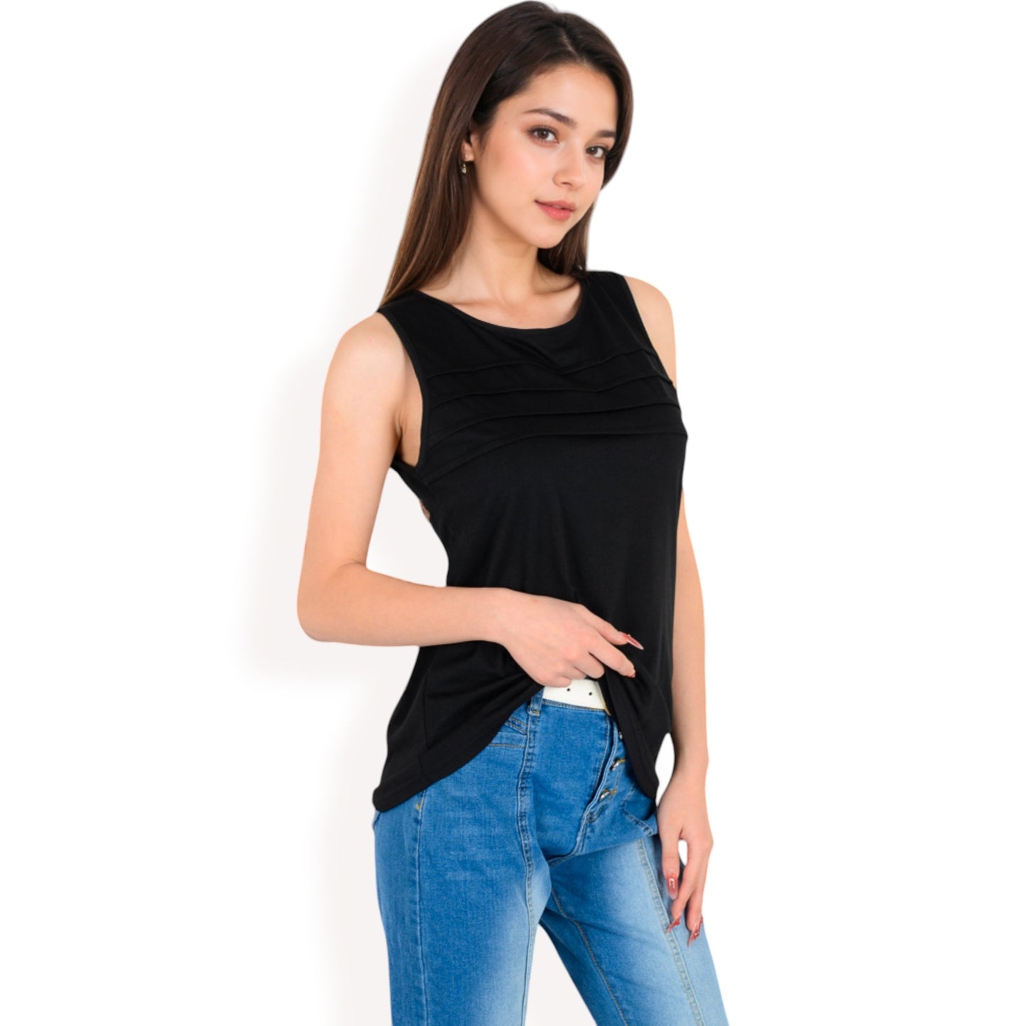 Anna-Kaci Women's Sleeveless Tank Top with Pintuck Pleat Details and Soft Stretch Fabric